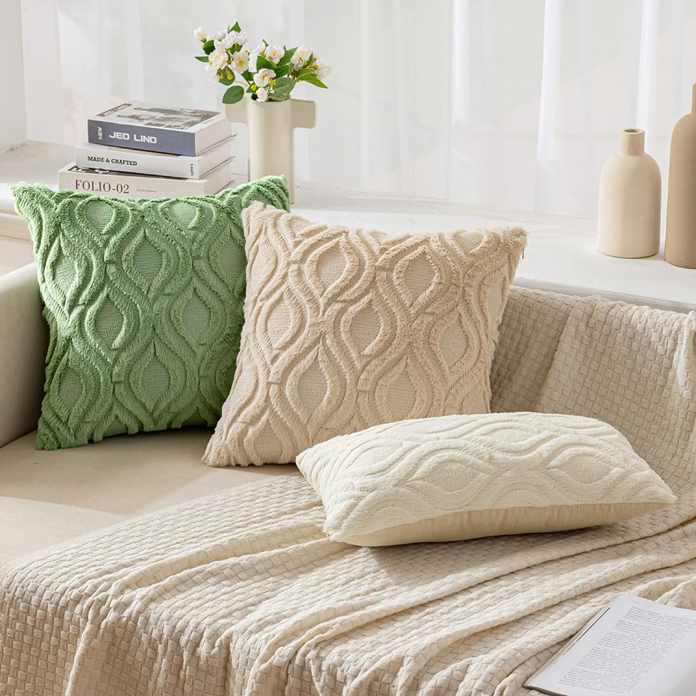 Miulee Sage Green Throw Pillow Covers 20X20 Inch, Soft Spring Plush Faux Wool Couch Pillow Covers Set Of 2 Decorative Farmhouse Boho Throw Pillows For Sofa Living Room Bed
