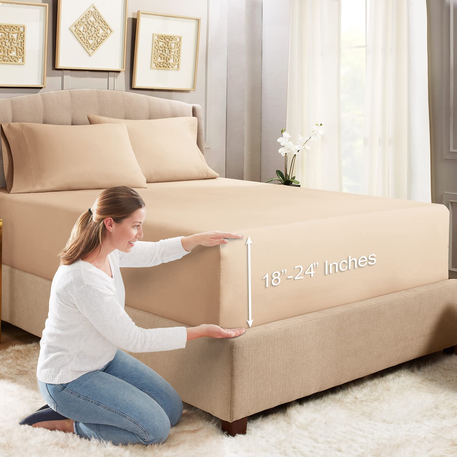 Empyrean Bedding Extra Deep Fitted Sheet Set, 3Pc - King, Microfiber, Taupe Sand, Deep Pocket, Smart Solution Corner Straps