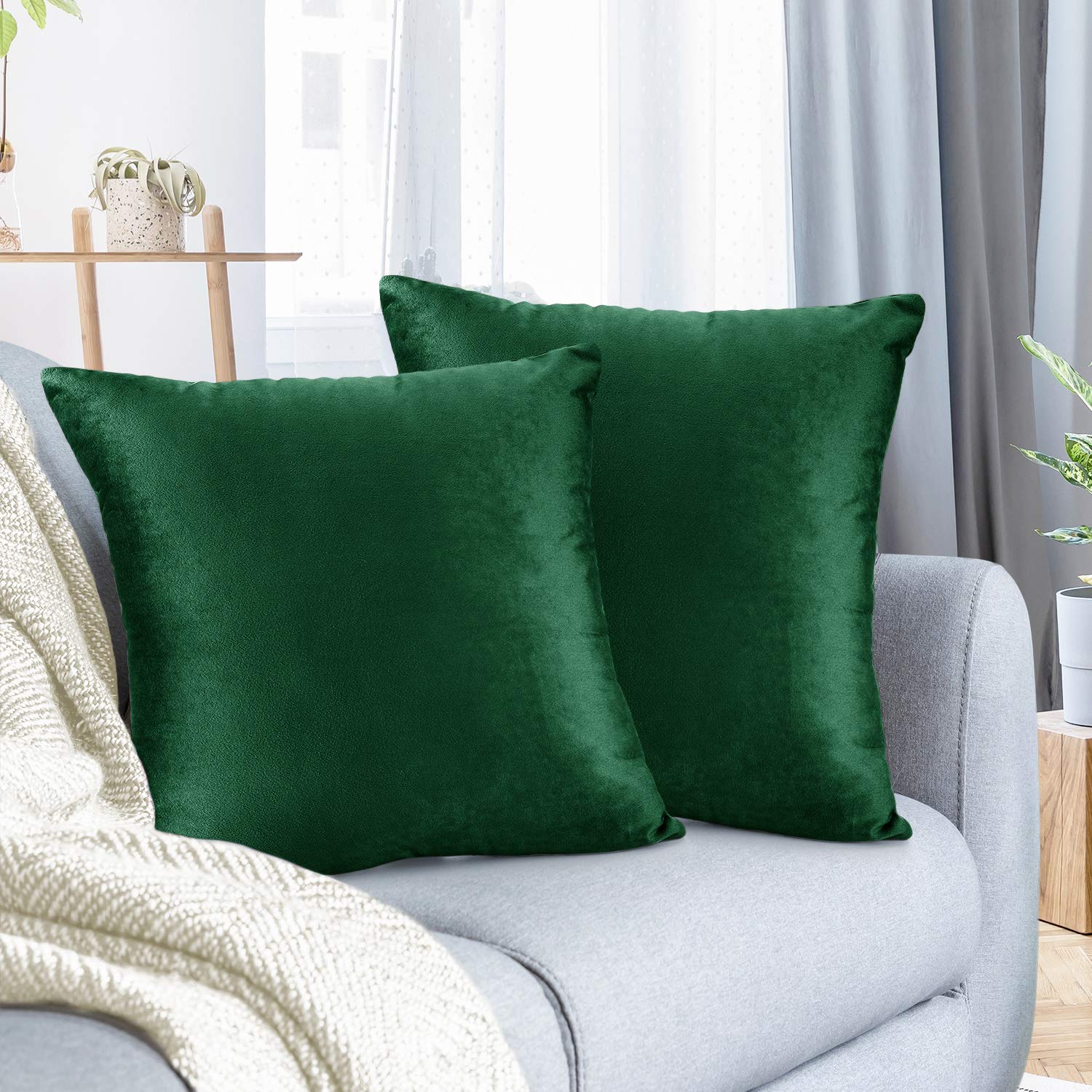Nestl Throw Pillow Covers, Cozy Velvet Decorative Green Pillow Covers 18 X 18 Inches, Soft Solid Couch Pillow Covers For Sofa, B