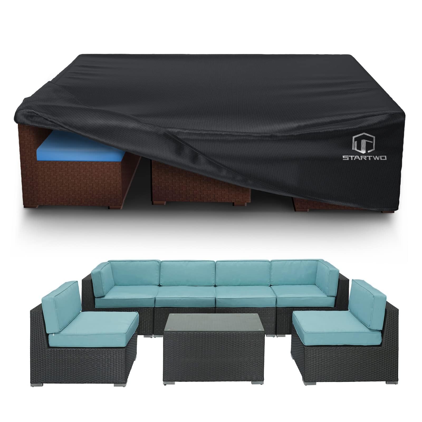 Startwo 2 Years Lifespan Patio Furniture Covers Waterproof, Anti-Uv Tear-Resistant 500D Heavy Duty 7-12 Seats Outdoor Furniture Cover For Sectional Sofa, Patio Table Cover, 110'X84'X28', Black
