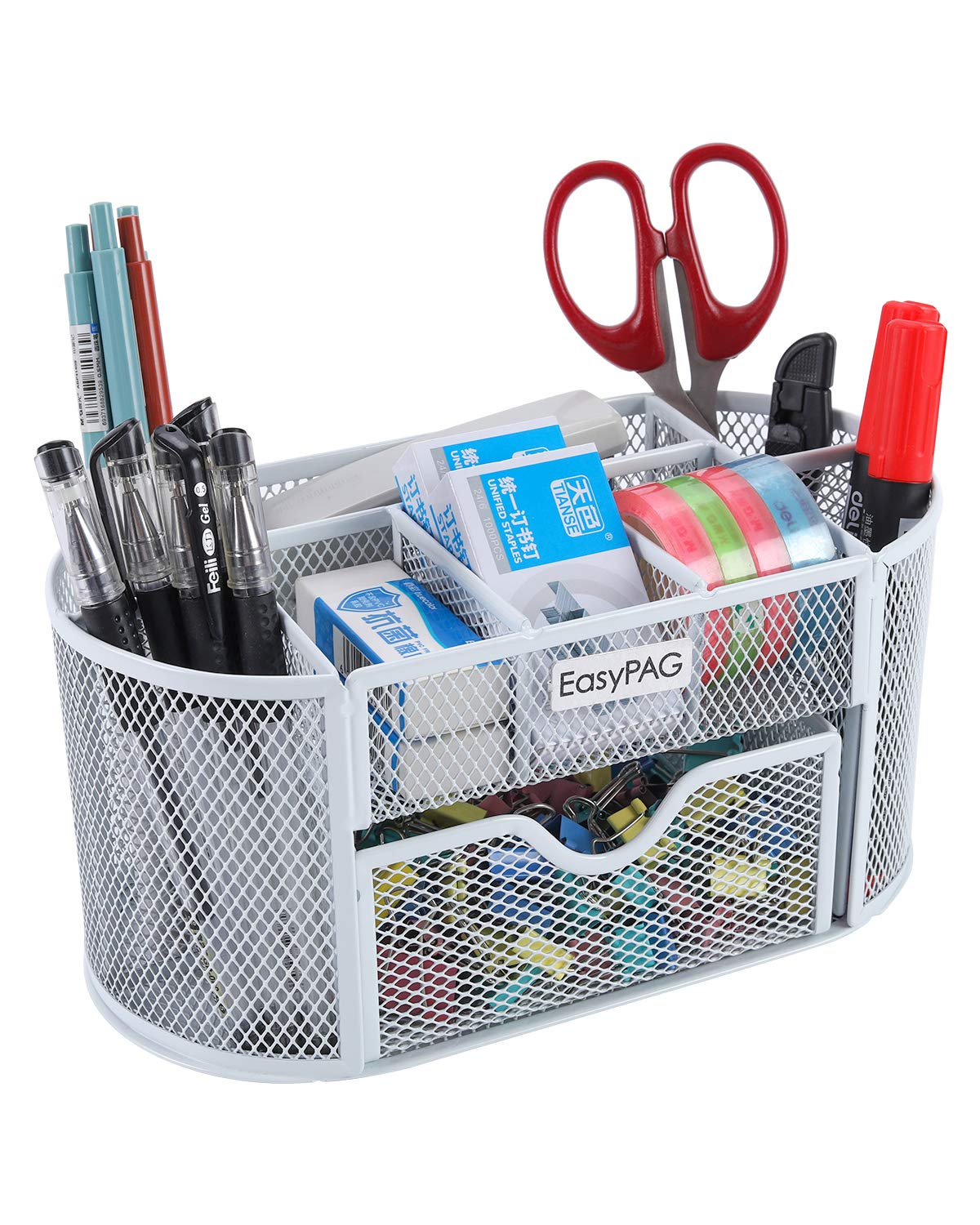 Easypag Desk Organizer Mesh Desktop Office Supplies Multi-Functional Caddy Pen Holder Stationery Organization With Drawer,White
