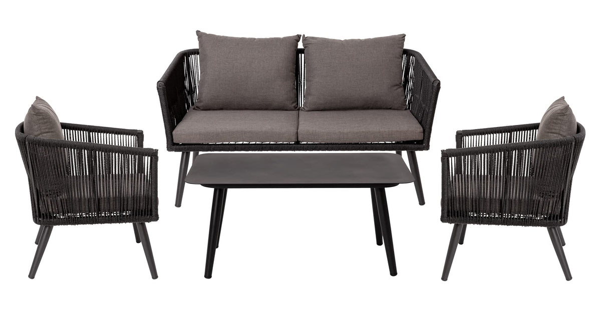 Flash Furniture Kierra 4 Piece Indoor/Outdoor Seating Set - Black Woven Back & Seat - Gray Zippered Removable Cushions - Aluminum Frames - Black Metal Plank Top Table