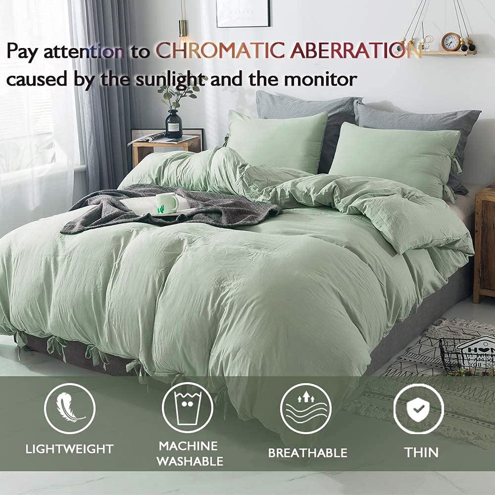 Annadaif Duvet Cover Queen Size Sage Green, 3 Pieces Soft Washed Microfiber Duvet Cover Set, Comforter Cover With Bowknot Bow Ti