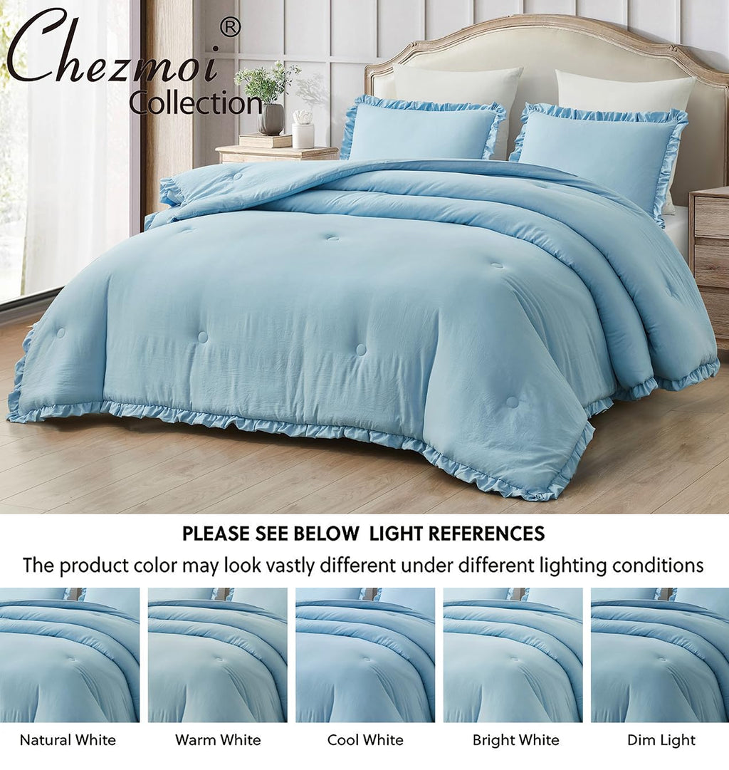 Chezmoi Collection Nora Chambray Blue Comforter Set King Size 3-Piece Fluffy Soft Lightweight Bedding Ruffled Edge Trim Stone-Wa