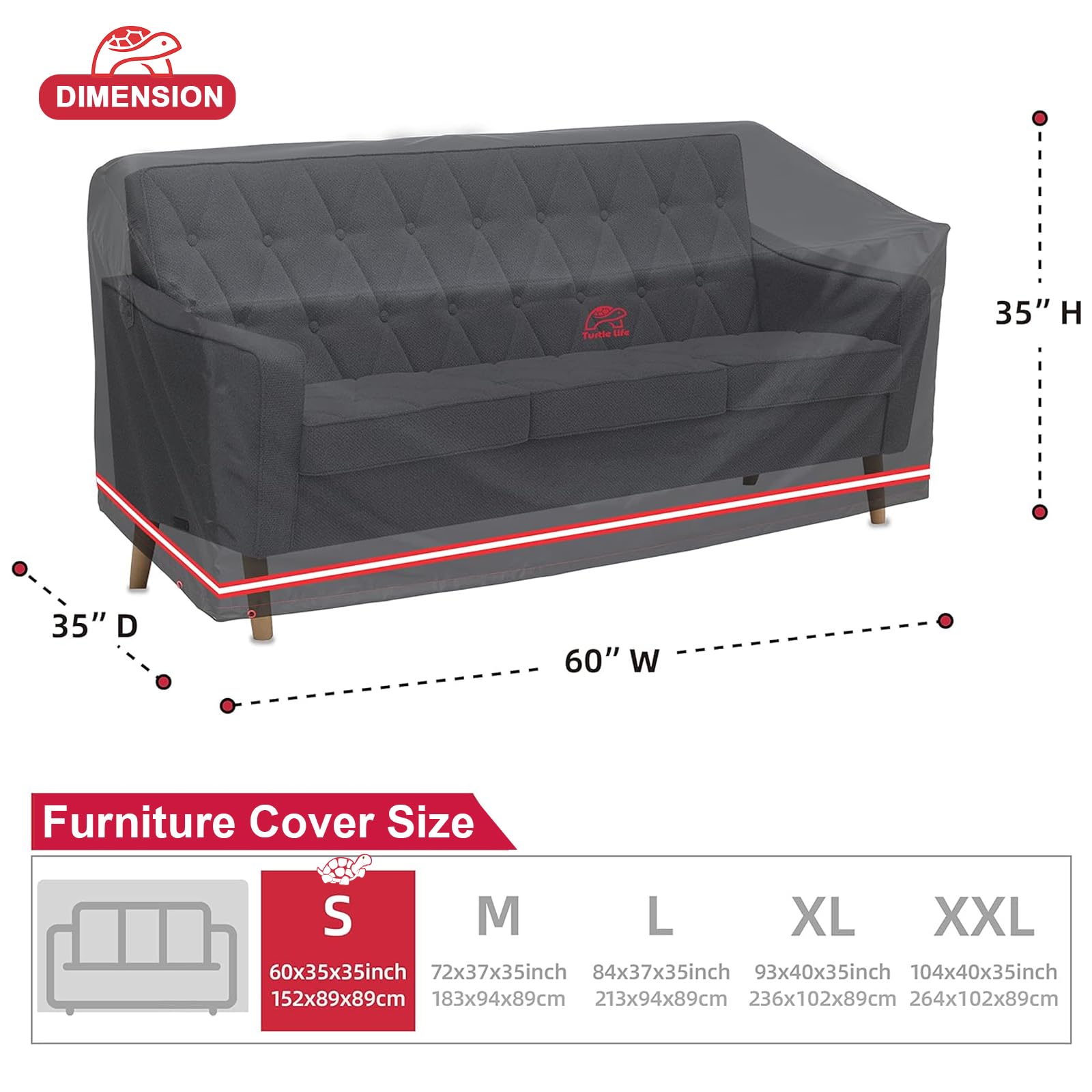 Turtle Life Patio Sofa Cover, Outdoor Heavy Duty Durable Uv Water Resistant Anti-Fading Loveseat Cover With 2 Upgrade Air Vents And 2 Buckles, Black, 60' W X 35' D X 35' H