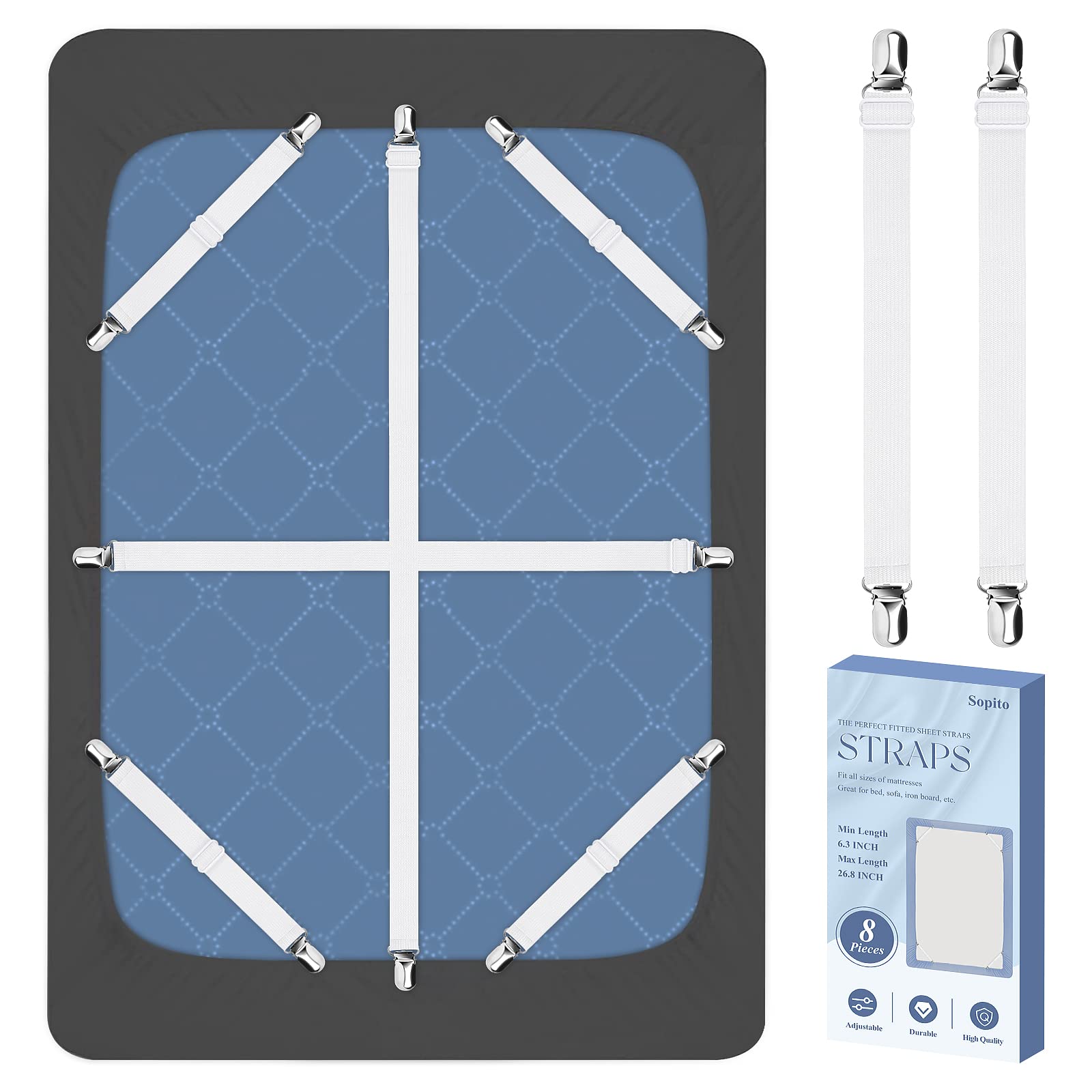 Bed Sheet Fasteners, 8 Pcs Adjustable Max Stretches To 26.8 In Holder Straps Non Slip Straps With Clips To Keep Sheets Firm & Tight, Universal & White