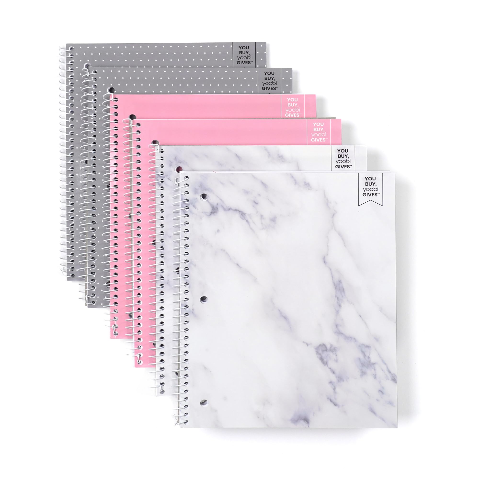 Yoobi College Ruled Spiral Notebook Set - 6-Pack Of 1 Subject Notebooks, Pink, Gray & Marble Designs - Easter Basket Stuffer For