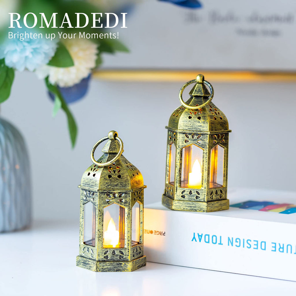 Romadedi Mini Lanterns Decorative For Wedding Centerpiece - 20 Pcs Hanging Small Gold Lantern Bulk With Flickering Led Candles F