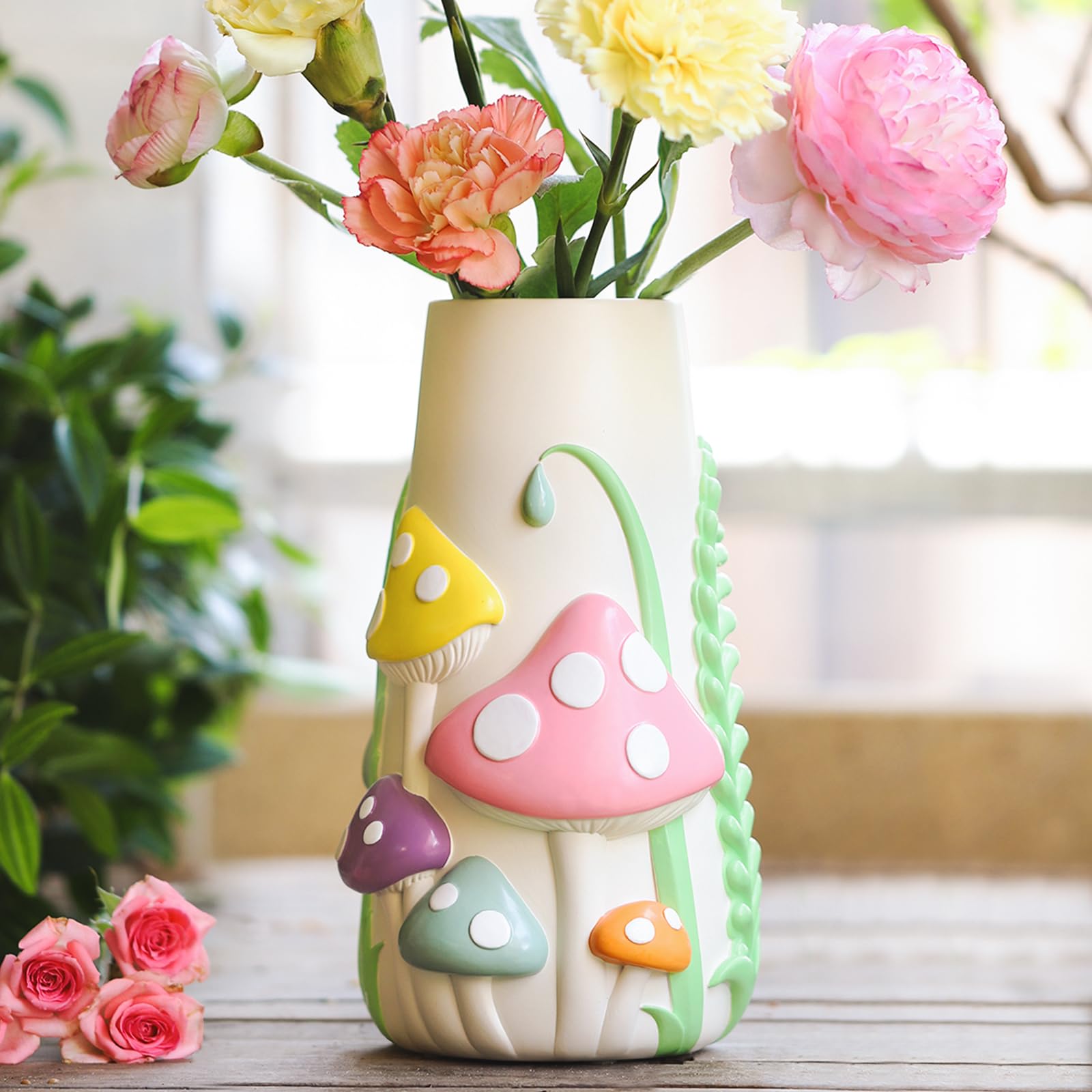 GUGUGO Pastel Mushrooms Vase for Flower, 8-Inch-Tall Rainbow Funky Mushroom Decor, Eclectic Vases for Flowers, Unique Colorful D
