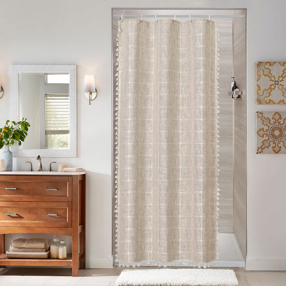 Mitovilla Boho Small Stall Shower Curtain 36 X 72, Tan Brown Half Size Narrow Cotton Linen Tassel Cloth Fabric Shower Curtains F