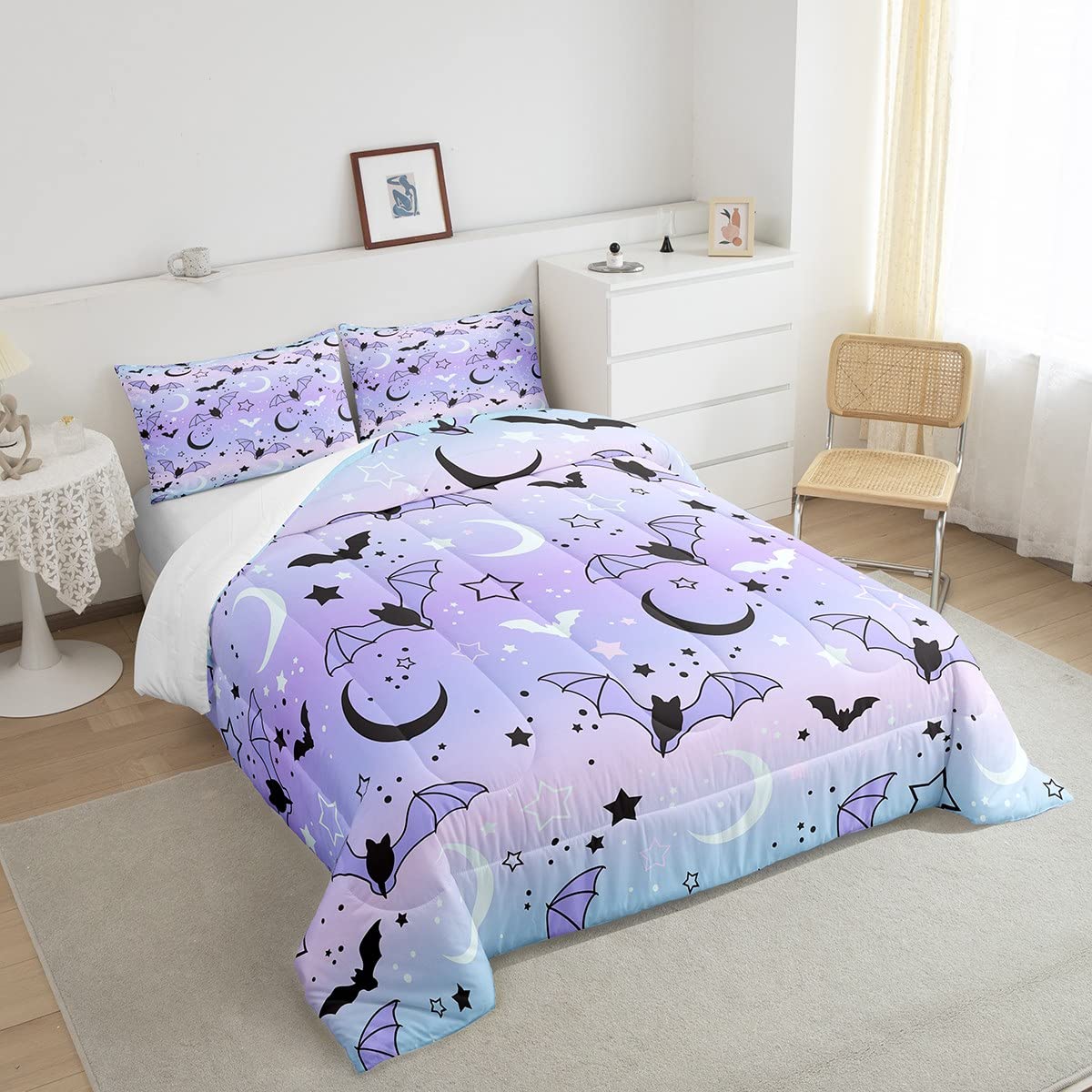 Feelyou Halloween Comforter Rainbow Comforter Set For Boys Girls Children Bat Moon Star Print Bedding Set Halloween Theme Purple