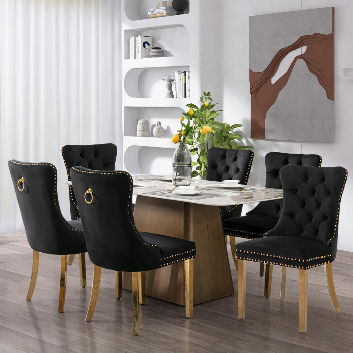 Soarflash Velvet Dining Chair Set Of 6, Upholstered Tufted Dining Room Chair With Nailhead Trim And Solid Gold Plated Leg For Ki