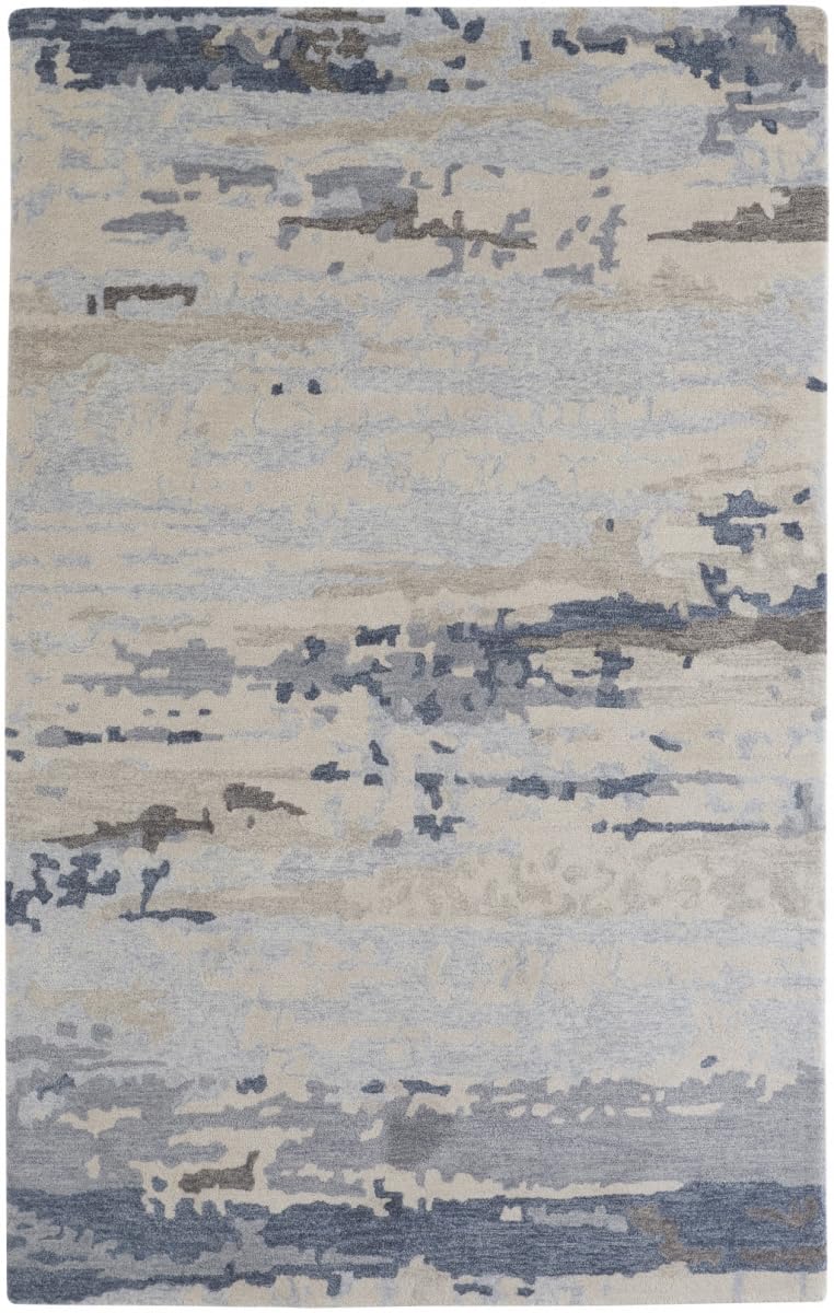 HomeRoots 513643 5 x 8 ft. Blue Gray & Ivory Wool Abstract Hand Tufted Handmade Stain Resistant Rectangle Area Rug