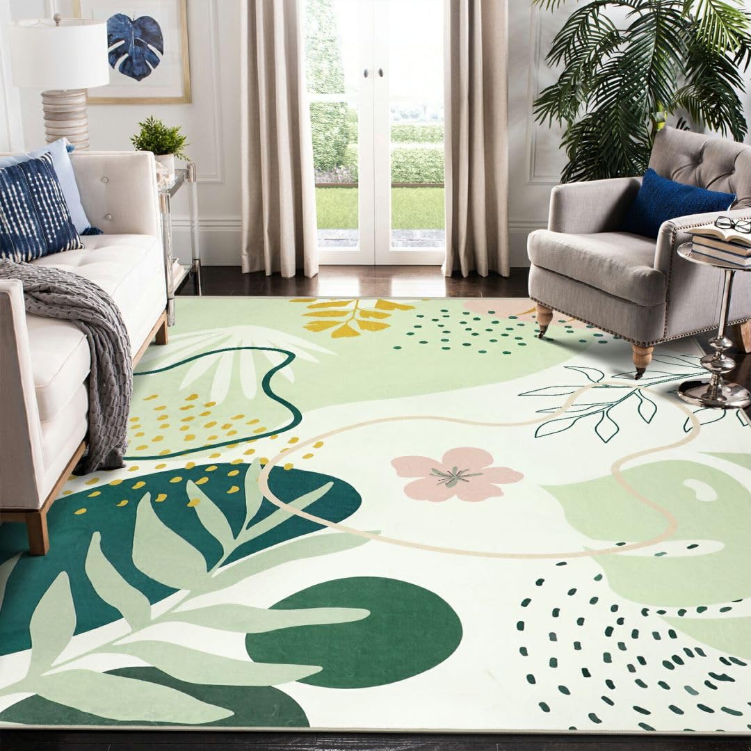 Capslpad Washable Rugs 5x7, Boho Rugs for Living Room, Area Rugs Green Botanical Print, Soft Non-Slip Low Pile Non-Shedding for 