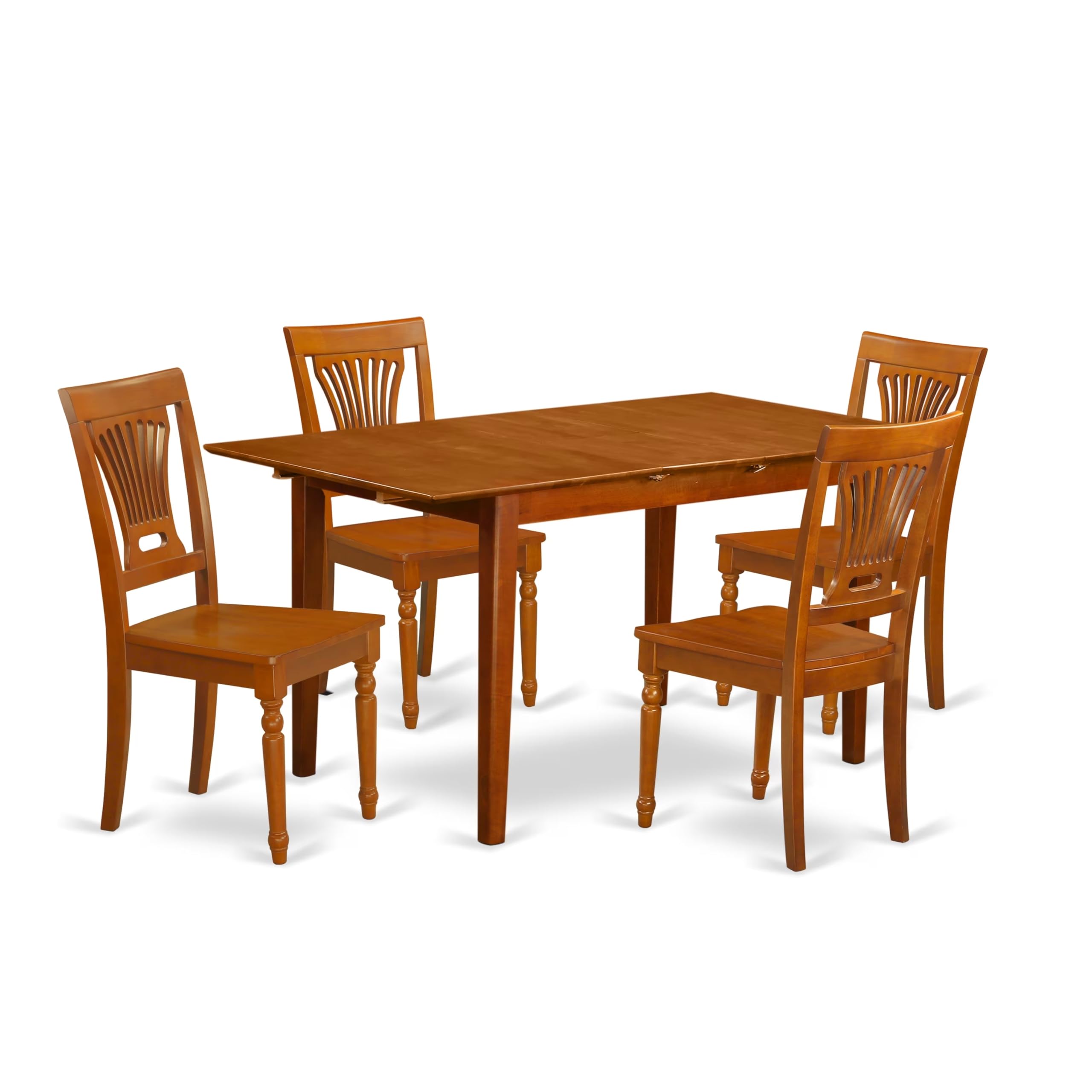 East West Furniture PSPL5-SBR-W 5 Piece Modern Dining Table Set Includes a Rectangle Wooden Table with Butterfly Leaf and 4 Dining Chairs, 32x60 Inch, Saddle Brown