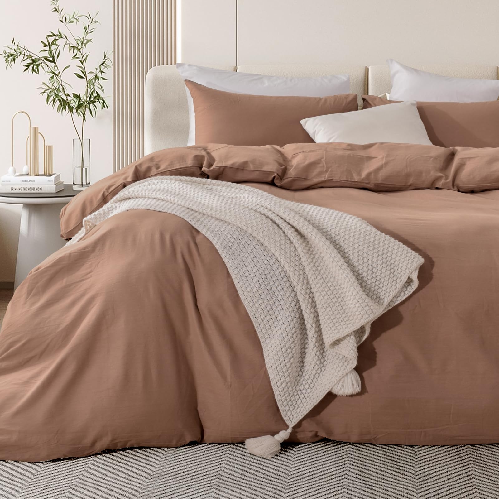 Nexhome Pro Duvet Cover Set 100% Washed Cotton Full Size Linen Feel Textured Organic Natural 3 Pieces Bedding Set Mocha Brown With Zipper Closure And Corner Ties, Breathable (No Comforter)