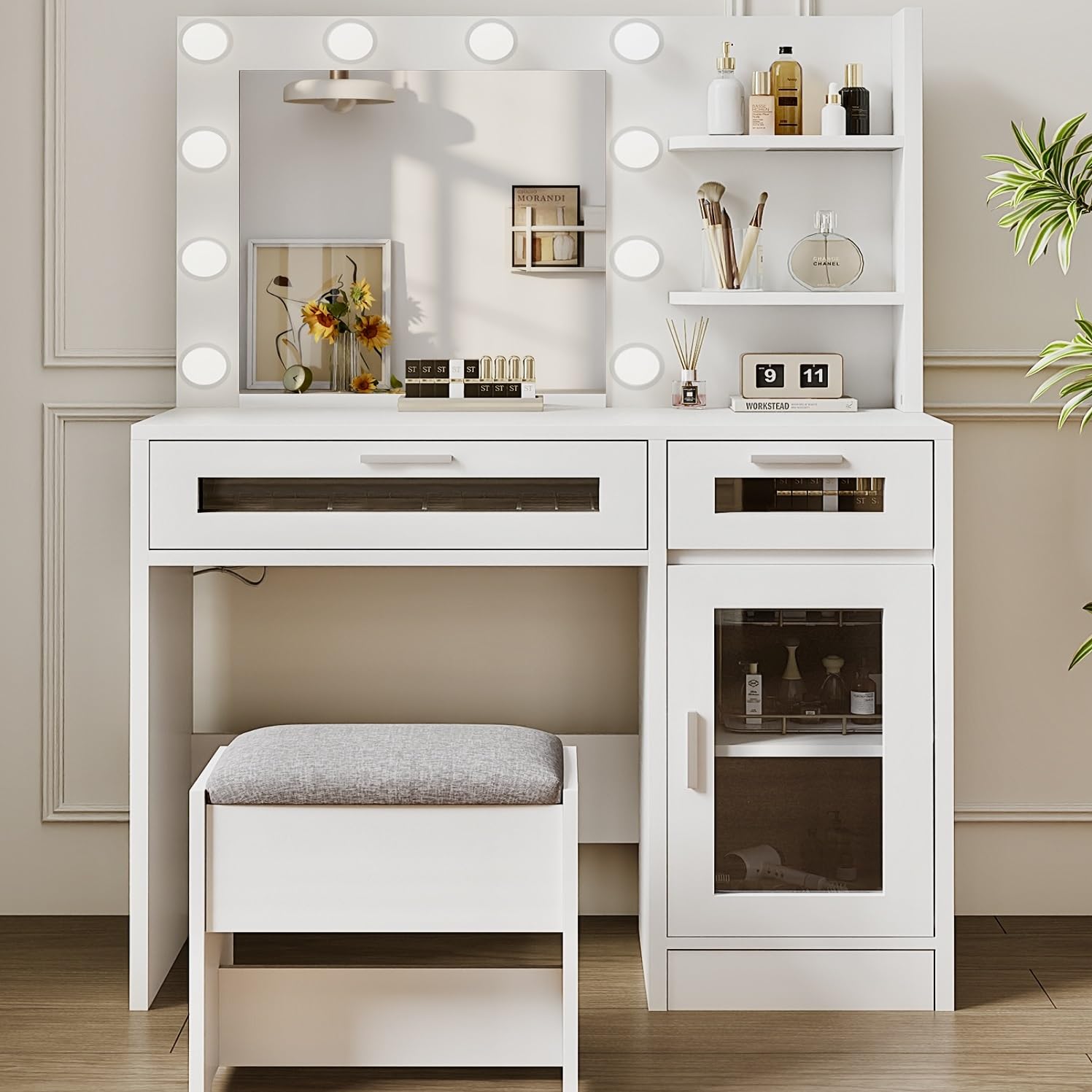 LIVELYGLOW Vanity Desk Set with Mirror and Light, Vanity Desk with Cabinet Stool, 4 Flannelette Storagr Boxes, White