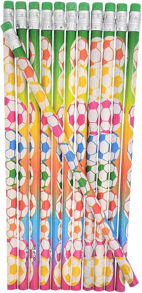 Zugar Land Fun Soccer Ball Print Colorful Pencils With Eraser Top (7.5' Standard Size) Euro Football Design. #2 Lead. Unsharpen