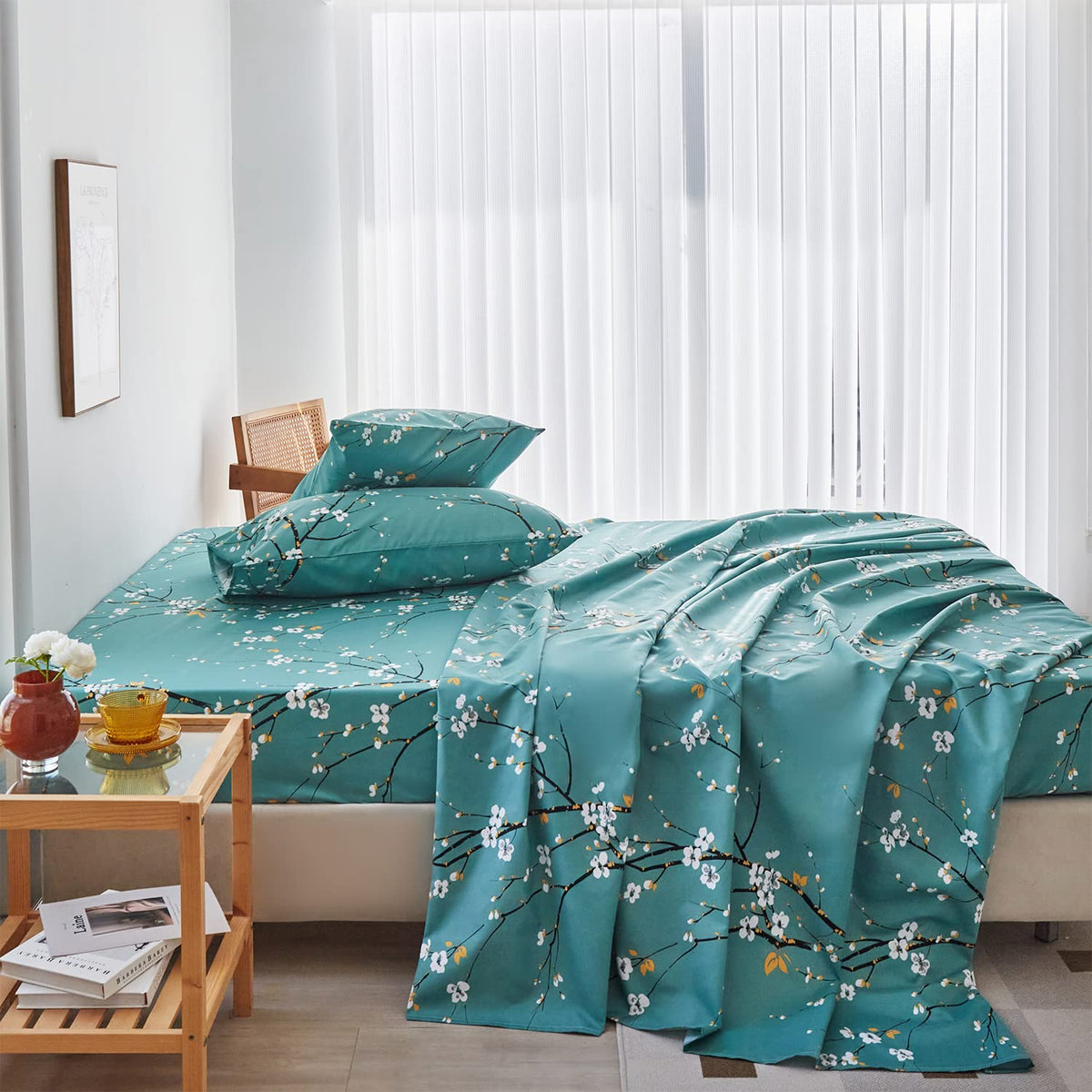 Zrnbast Teal Sheet Set 4 Pcs Queen Sheet Set Floral Print Flat Sheet Fitted Sheet Farmhouse Style Bedding Sheets Easy Fit Microf