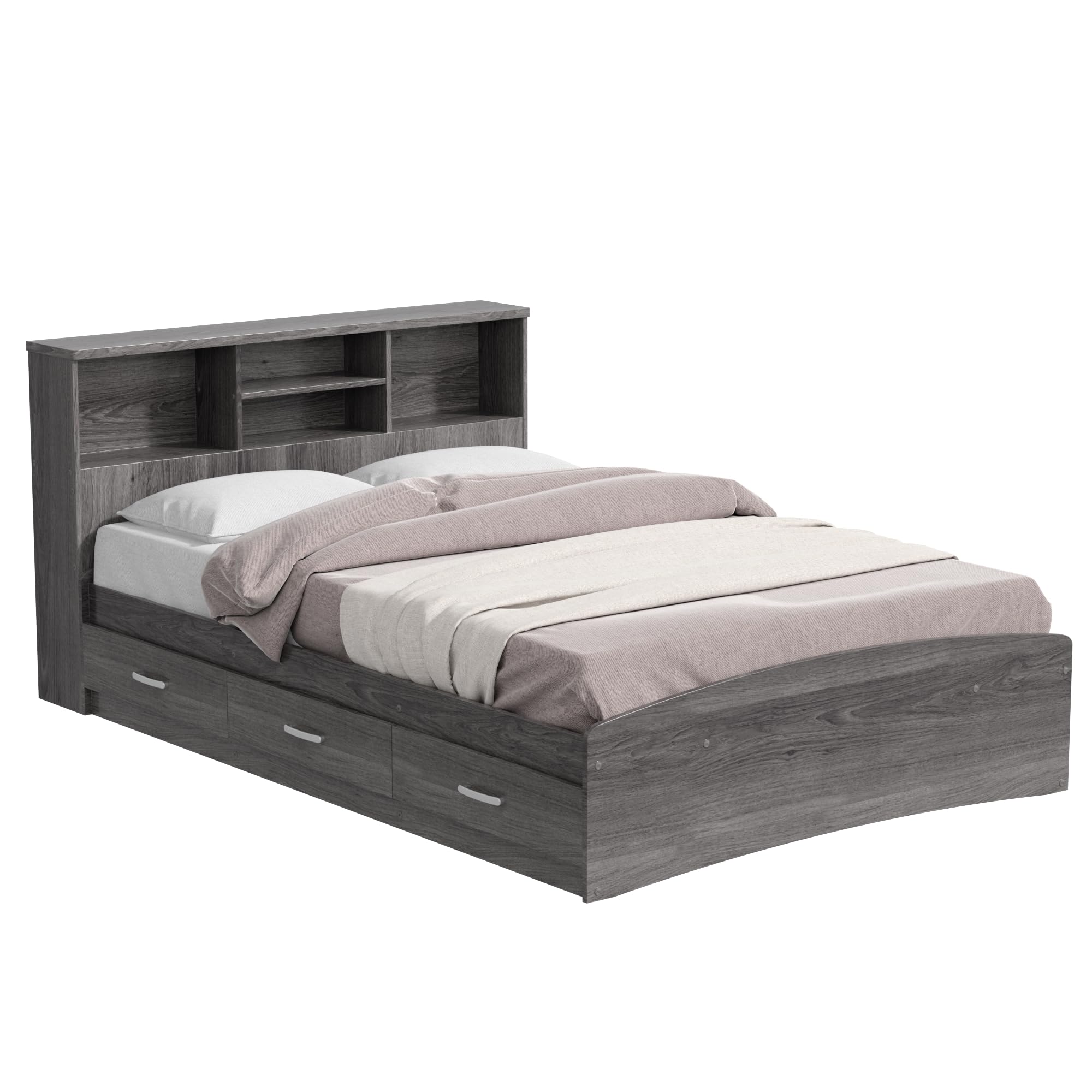 Bed with 3 Drawers and Bookcase Headboard (Grey, Queen)