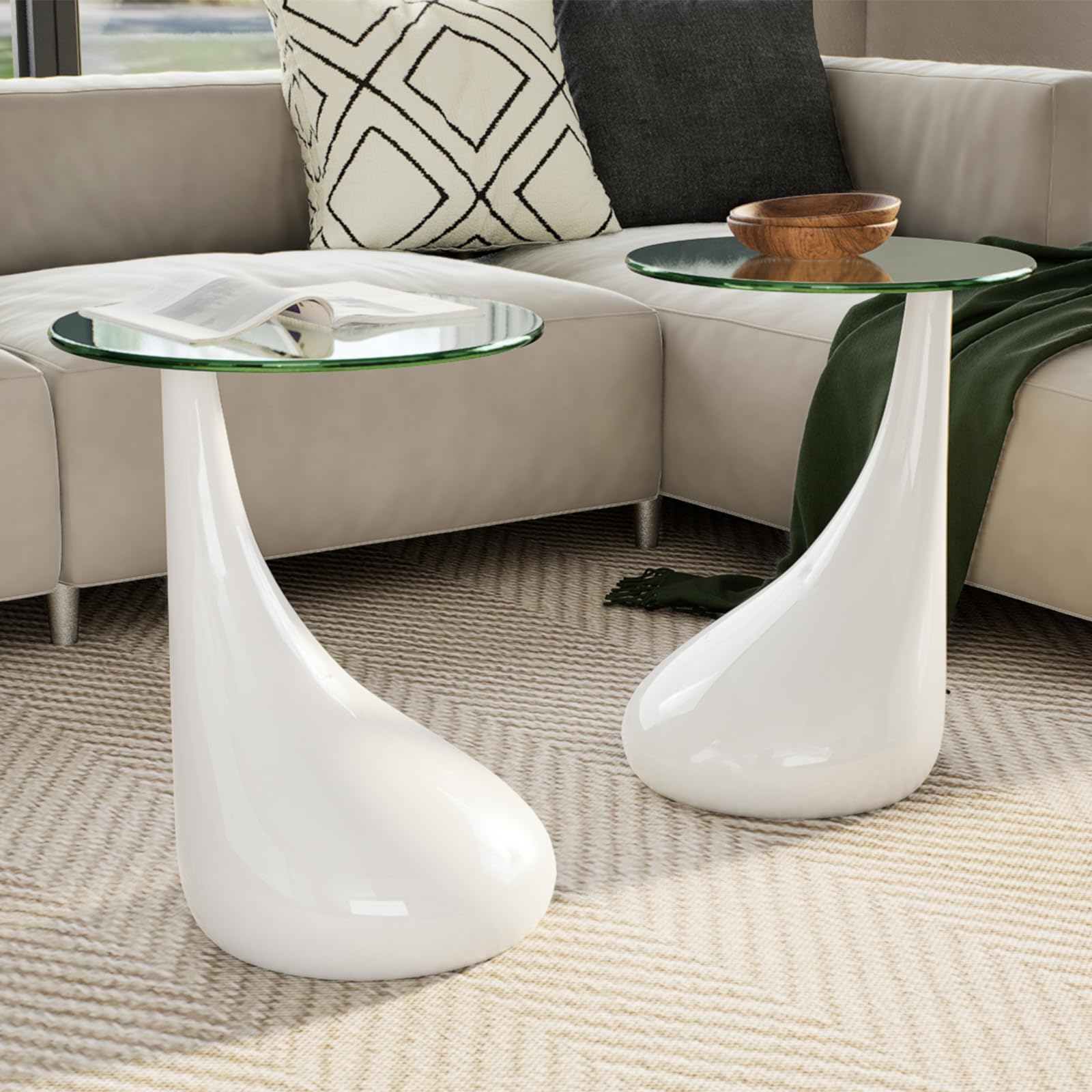 vidaXL 2-Piece Round Coffee Table Set with Glass Top - Modern & Small, White Coffee Table, Perfect for Living Room or Bedroom (16.5" Diameter)
