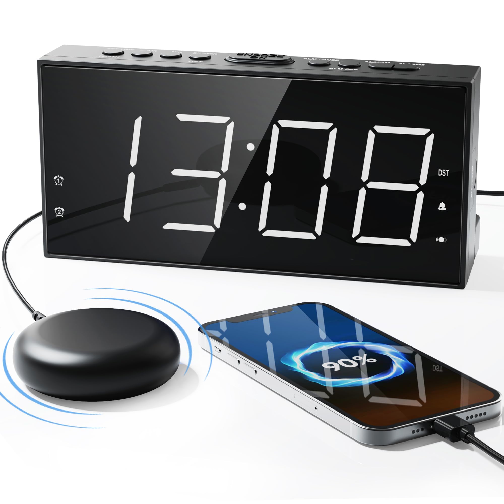 Loud Alarm Clock with Bed Shaker for Heavy Sleeper, Dual Vibrating Alarm Clock with USB Charger for Hearing-impaired Deaf, 7.5 L