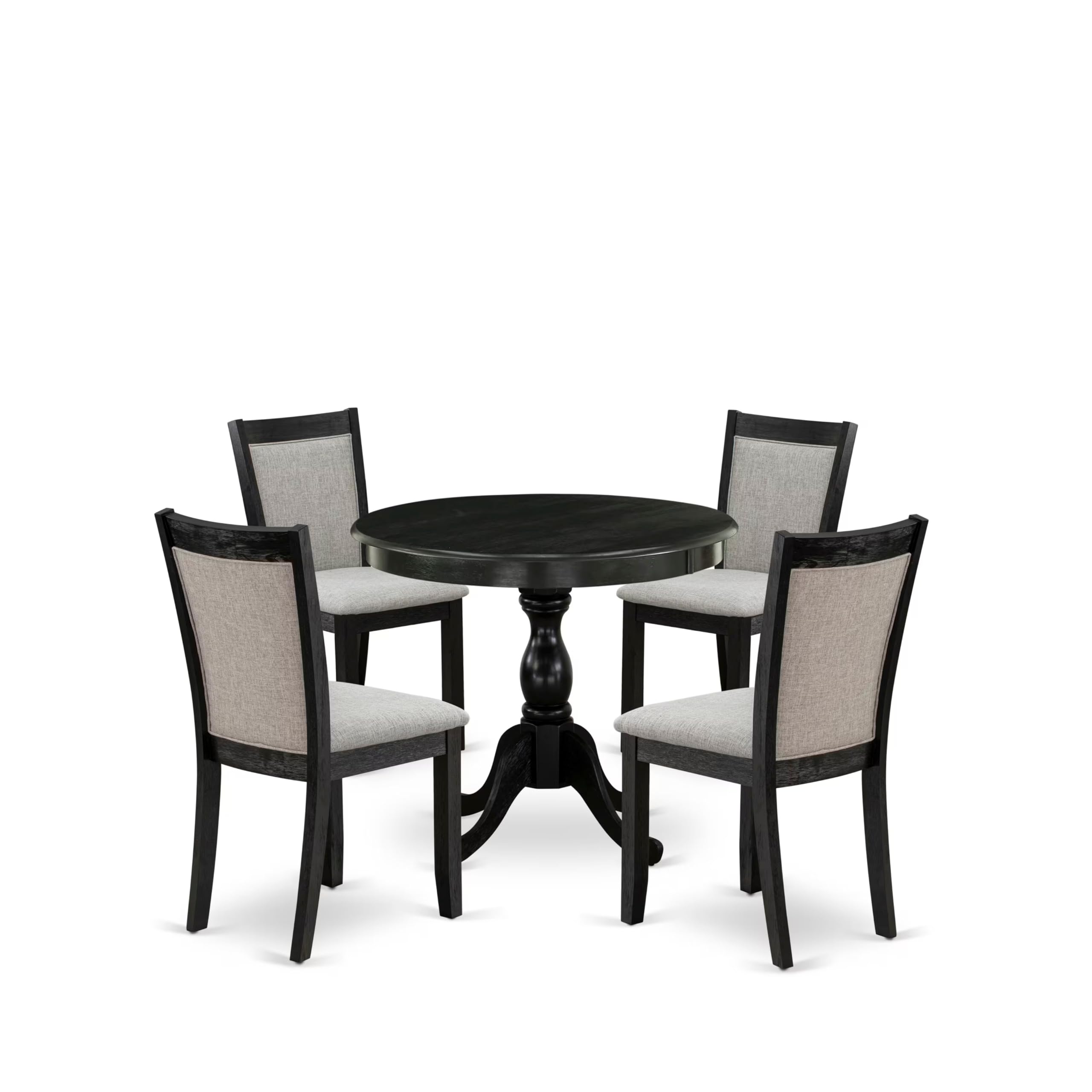 East West Furniture AMMZ5-AB6-06 5 Piece Dinette Set for 4 Includes a Round Kitchen Table with Pedestal and 4 Shitake Linen Fabric Upholstered Parson Chairs, 36x36 Inch, Wirebrushed Black