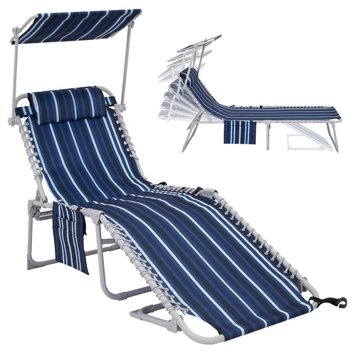 #Wejoy Folding Patio Chaise Lounge Chair With Canopy Sun Shade For Outdoor 5-Position Beach Lounger Chair With Pillow And Side Pocket Portable Sun Tanning Chair For Beach Pool Home Camp Lawn Backyard