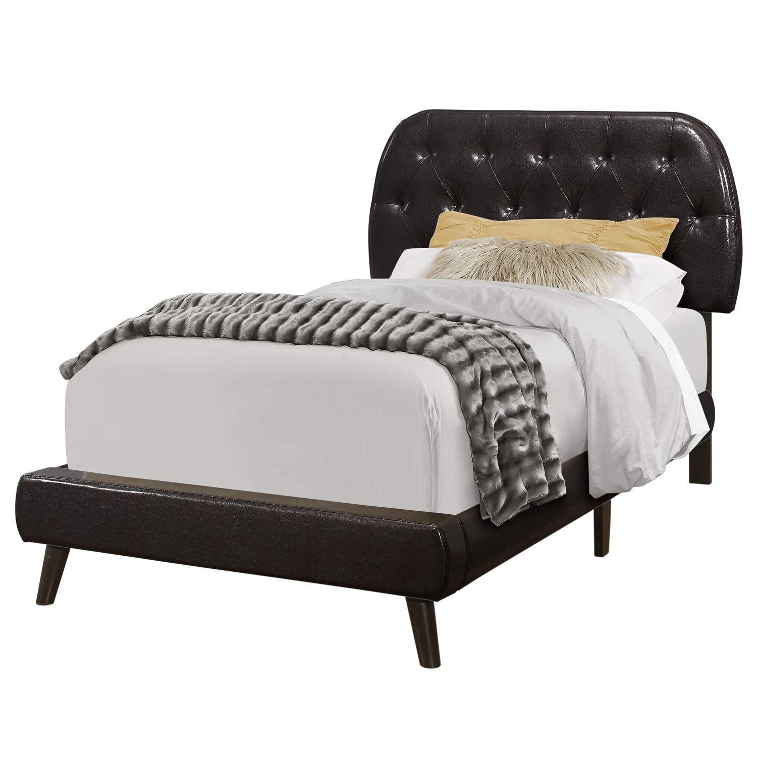 Monarch Specialties I Twin Size Leather-Look with Brown Wood Legs BED,