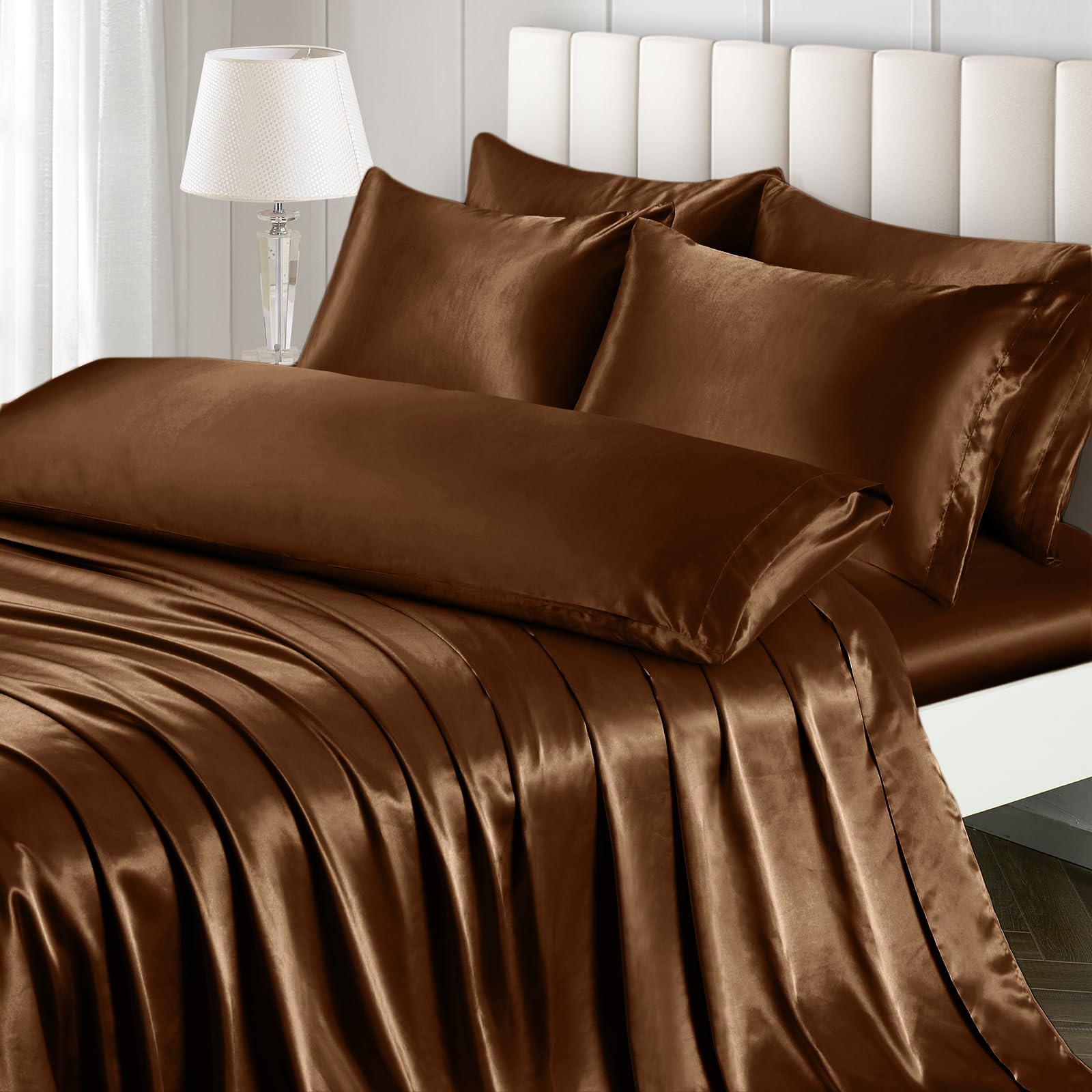 Ersmak 7 Pieces Satin Sheets Set Queen Size, Luxury Silky Brown Satin Bed Sheets Set With 1 Deep Pocket Fitted Sheet, 1 Soft Fla