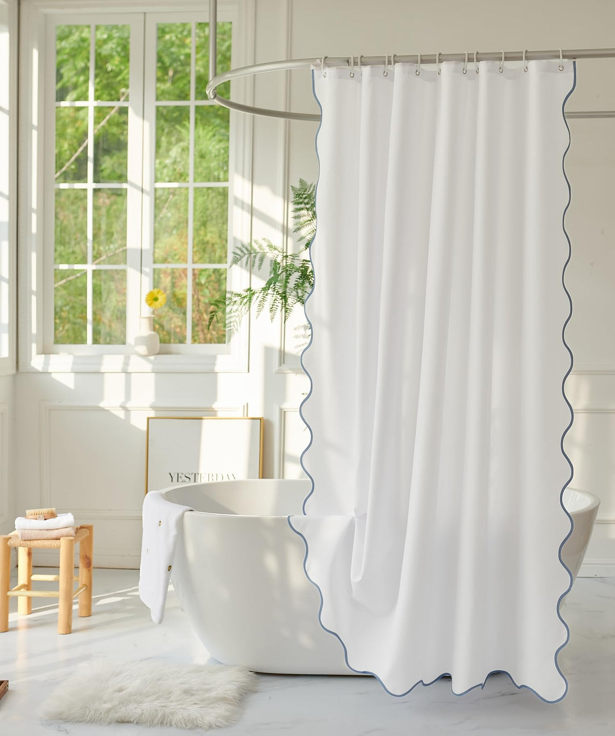 Youngseahome White Fabric With Water Blue Scalloped Border Shower Curtain,Boho Chic Cloth Shower Curtain For Bathroom Showers,72