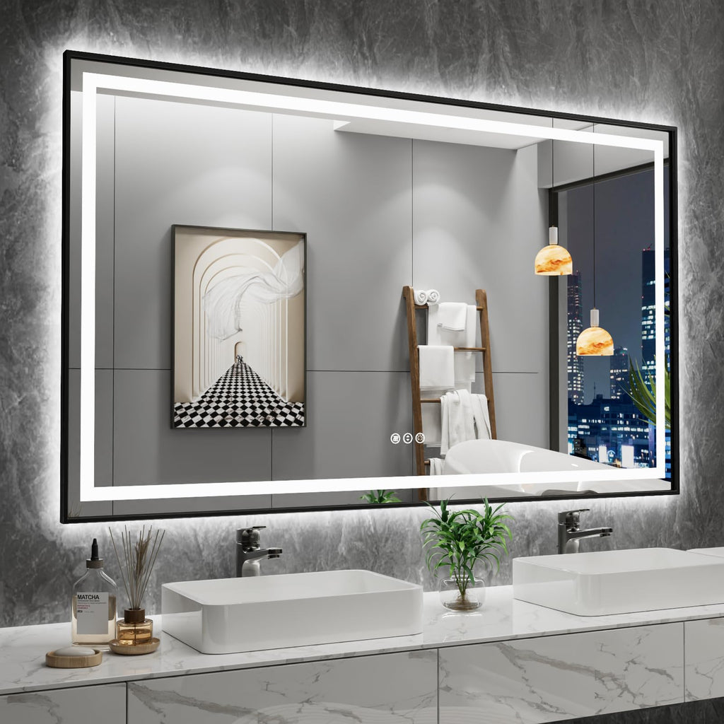 Amorho 60''x 36'' LED Bathroom Mirror Framed, Front Light and Backlit, Stepless Dimmable, Anti-Fog, Shatter-Proof, Memory, 3 Col