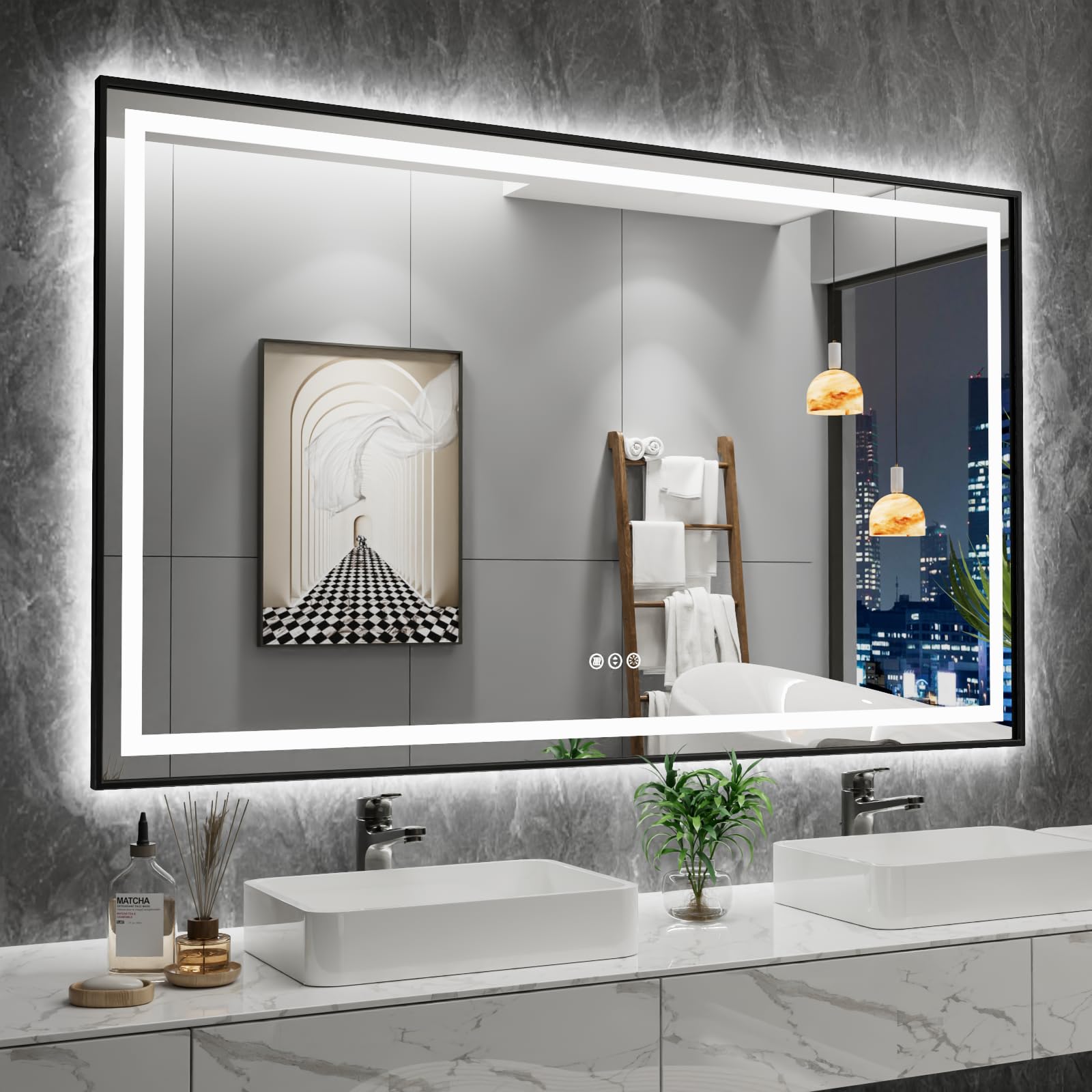 Amorho 60''x 36'' LED Bathroom Mirror Framed, Front Light and Backlit, Stepless Dimmable, Anti-Fog, Shatter-Proof, Memory, 3 Col