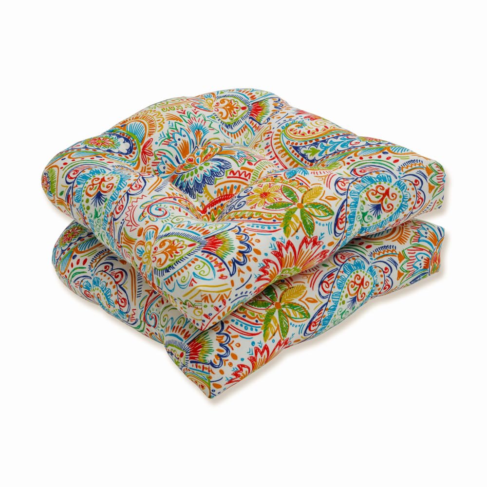 Pillow Perfect Paisley Indoor/Outdoor Chair Seat Cushion, Tufted, Weather, And Fade Resistant, 19' X 19', Blue/Green Gilford,