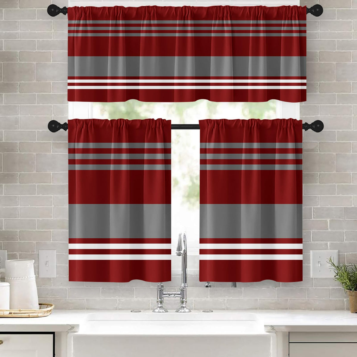 Tayney Red Grey Kitchen Curtains Stripes Window Curtains Valance And Tier Set, Geometric Art Rod Pocket Short Tier Curtain, Mode
