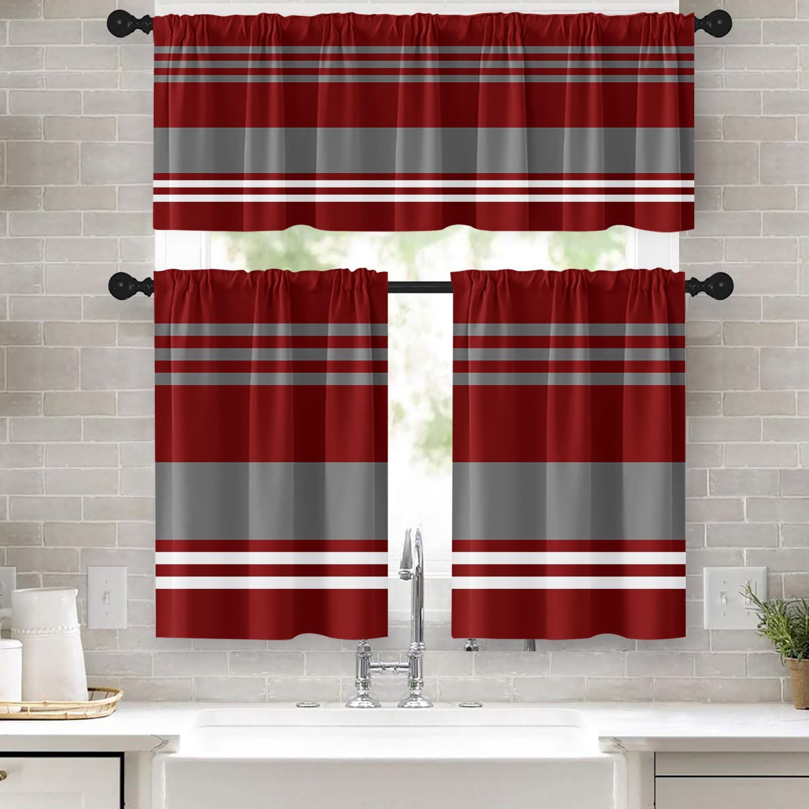 Tayney Red Grey Kitchen Curtains Stripes Window Curtains Valance And Tier Set, Geometric Art Rod Pocket Short Tier Curtain, Mode