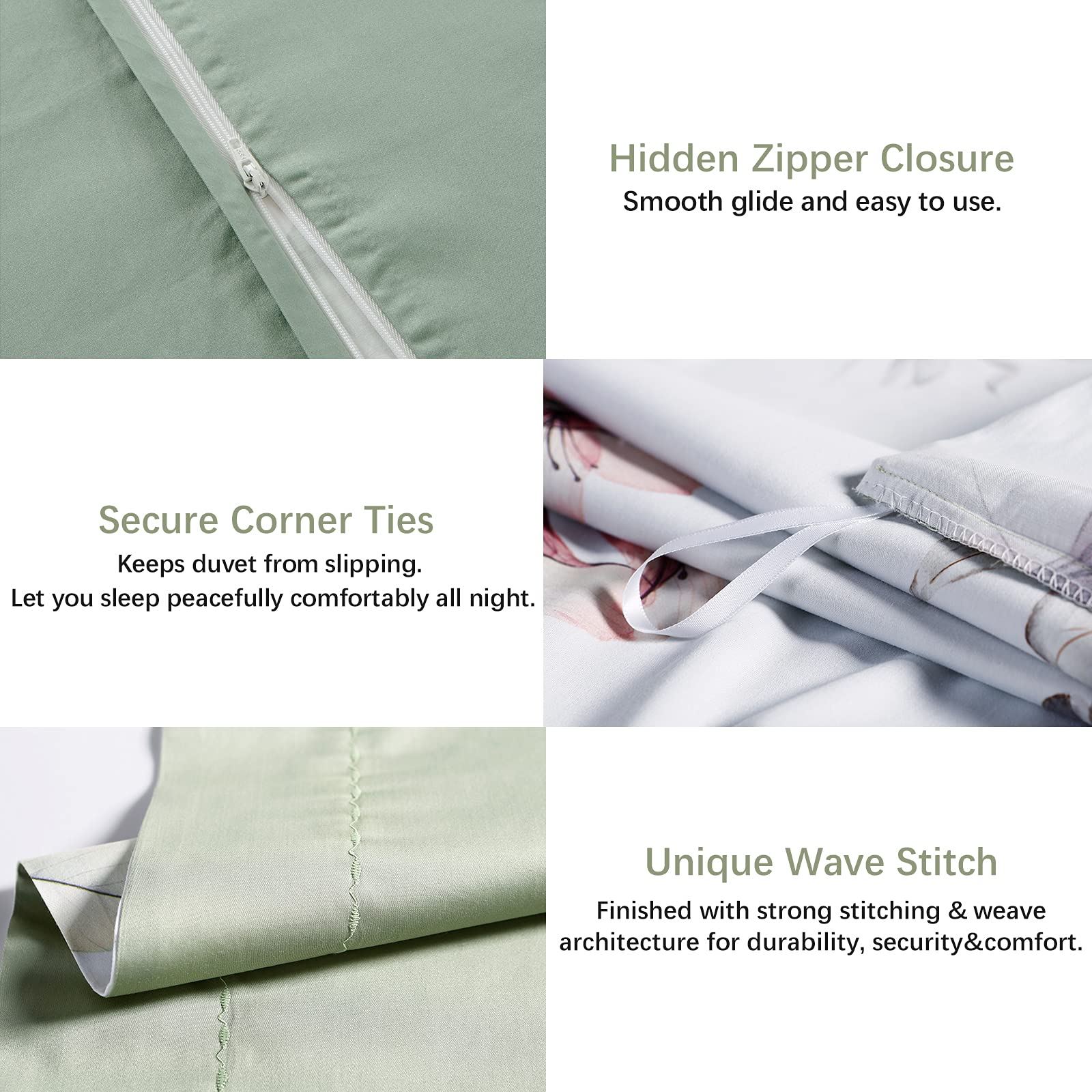 Mildly 100% Long-Staple Cotton Duvet Cover Set White Green Floral Leaves Pattern Printed Comforter Cover 3Pcs, Ultra Soft & Brea