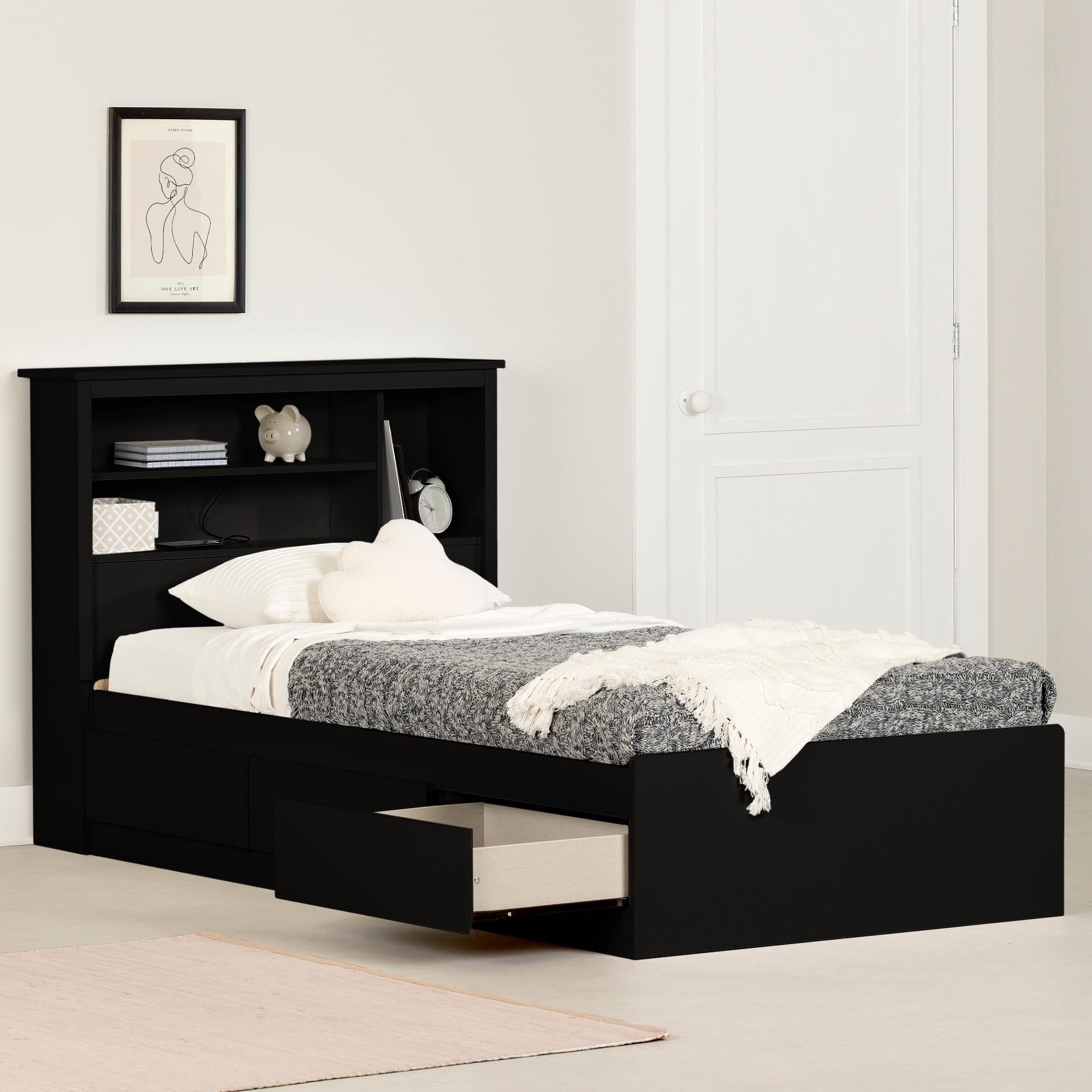 South Shore Gramercy Storage Bed and Bookcase Headboard Set, Twin, Pure Black
