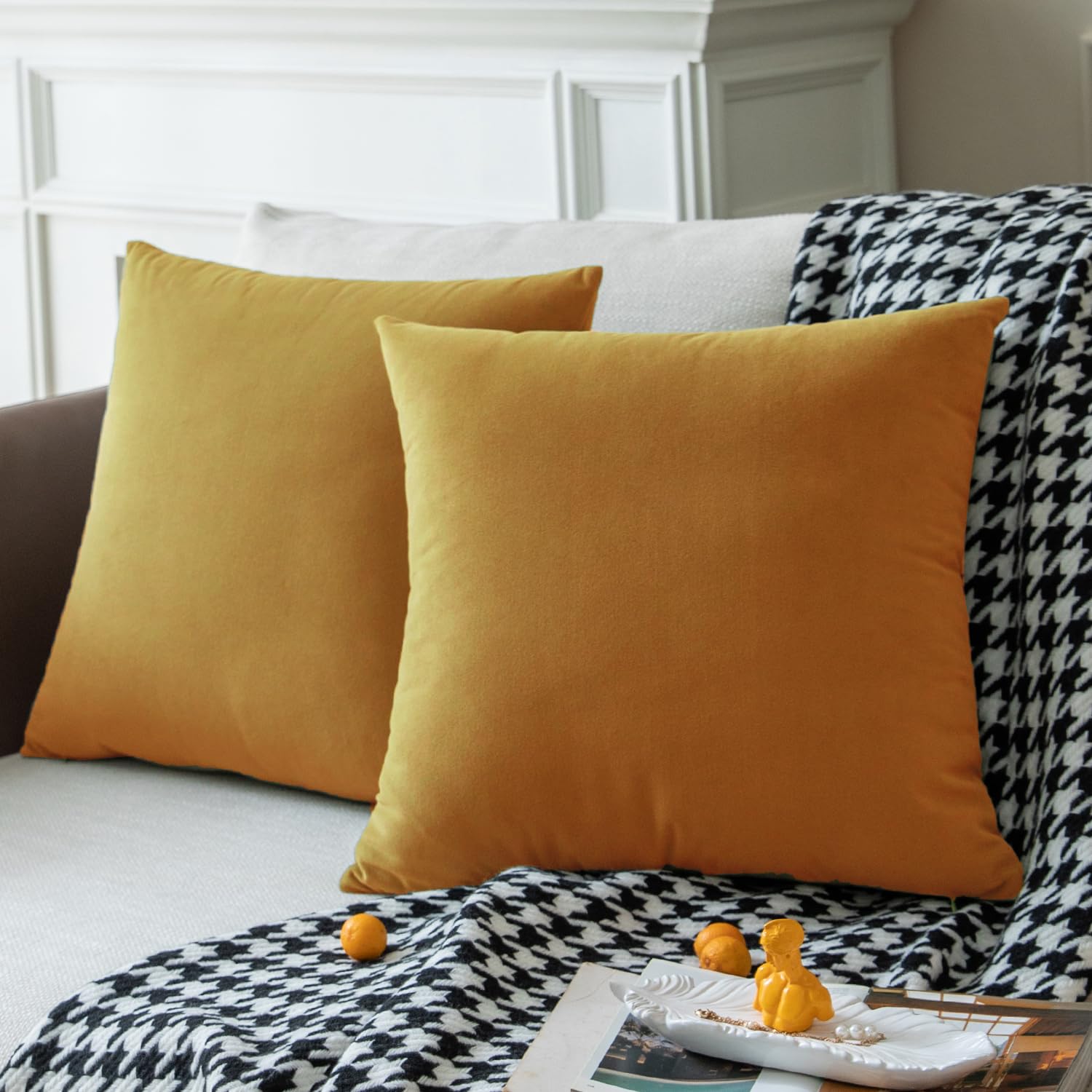 Colormz Set Of 2 Mineral Yellow Colored Cozy Velvet Throw Pillow Covers For Bed And Couch - 20'X20'