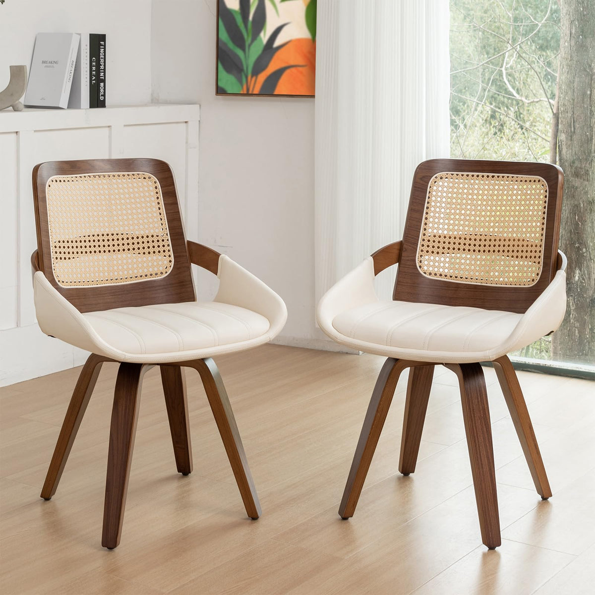 Set Of 2 Swivel Rattan Dining Chairs - Walnut Dining Chairs With Bentwood Frame With Ergonomic Cane Back, Curved Arms, Mcm Ideal