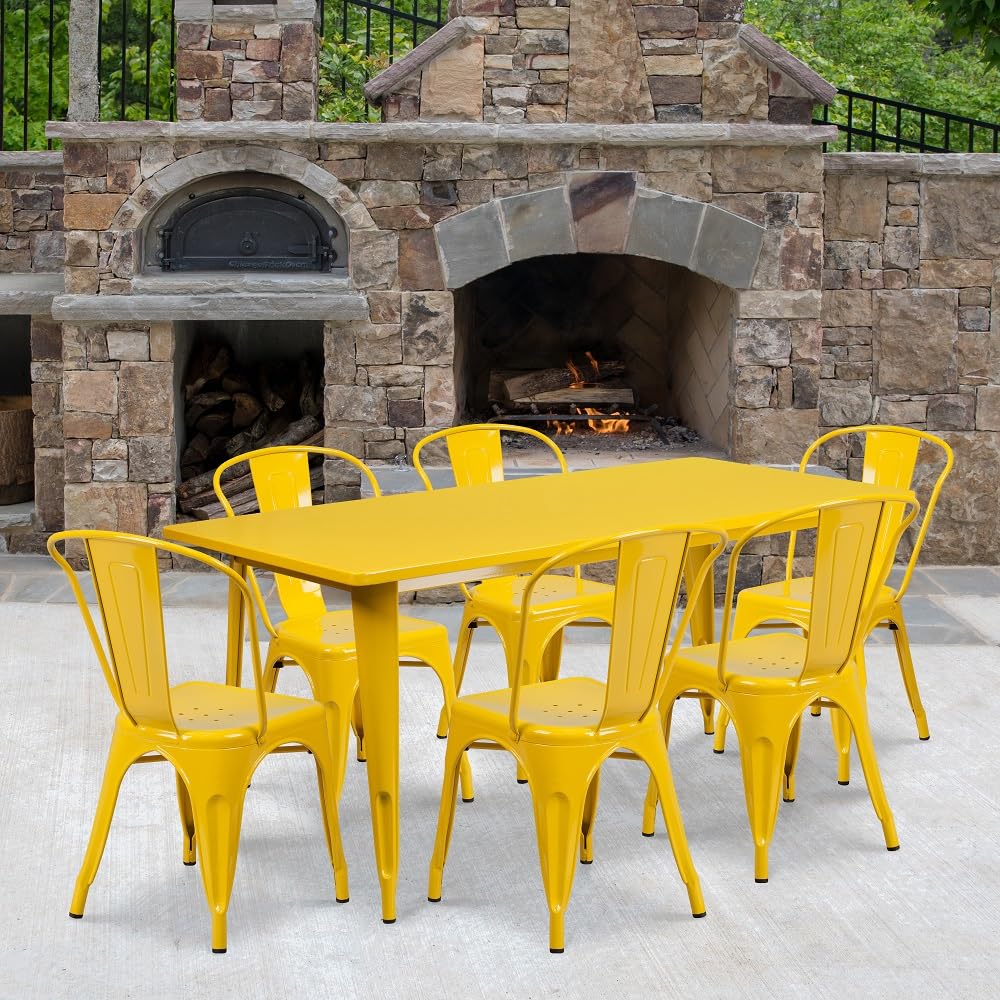 Flash Furniture Commercial Grade 31.5&quot; x 63&quot; Rectangular Yellow Metal Indoor-Outdoor Table Set with 6 Stack Chairs