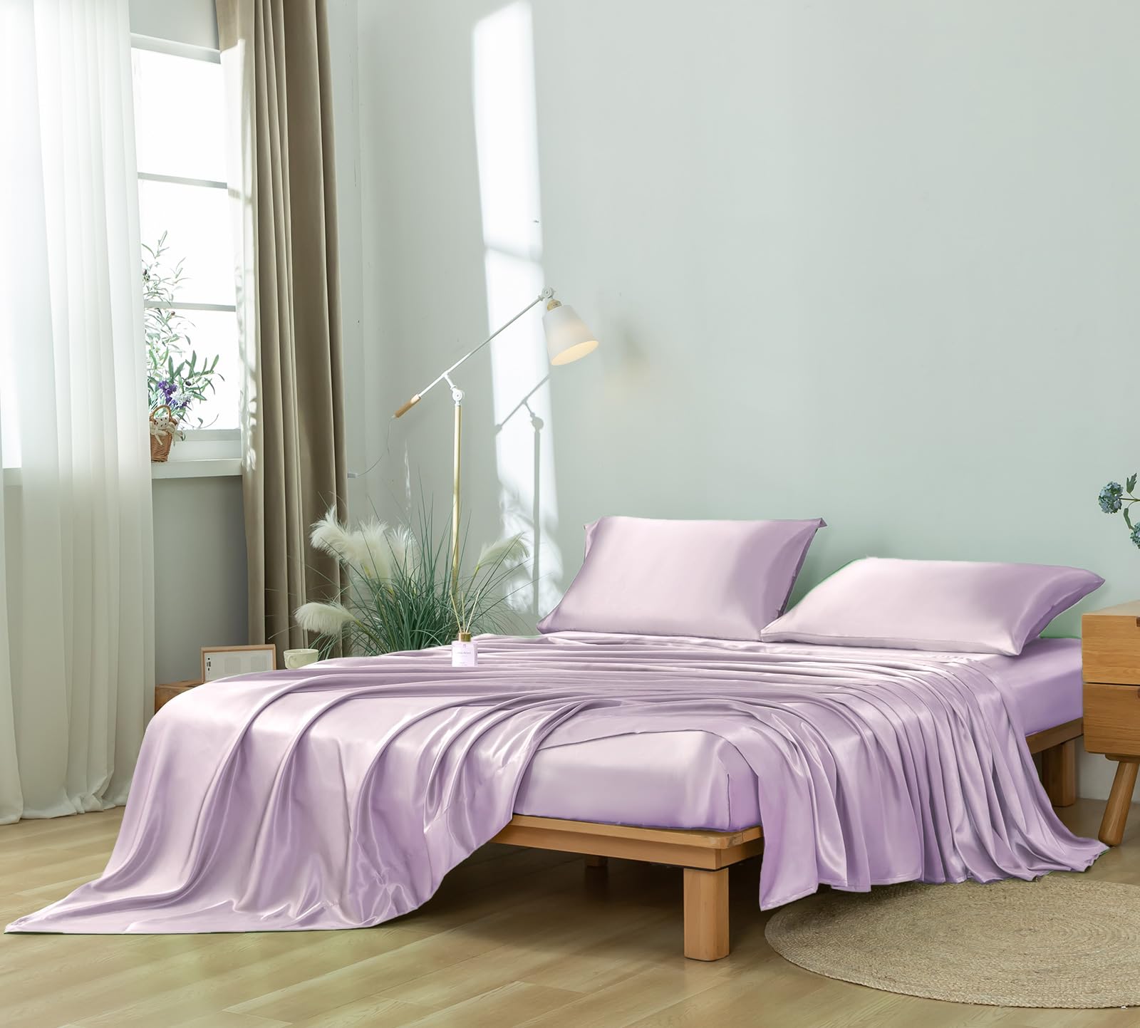 Revdomfly 4 Pcs Full Size Luxury Silky Soft Lavender Satin Sheet Set,1 Premium Moisture Wicking Fitted Sheet Fits Up To 16 Inche