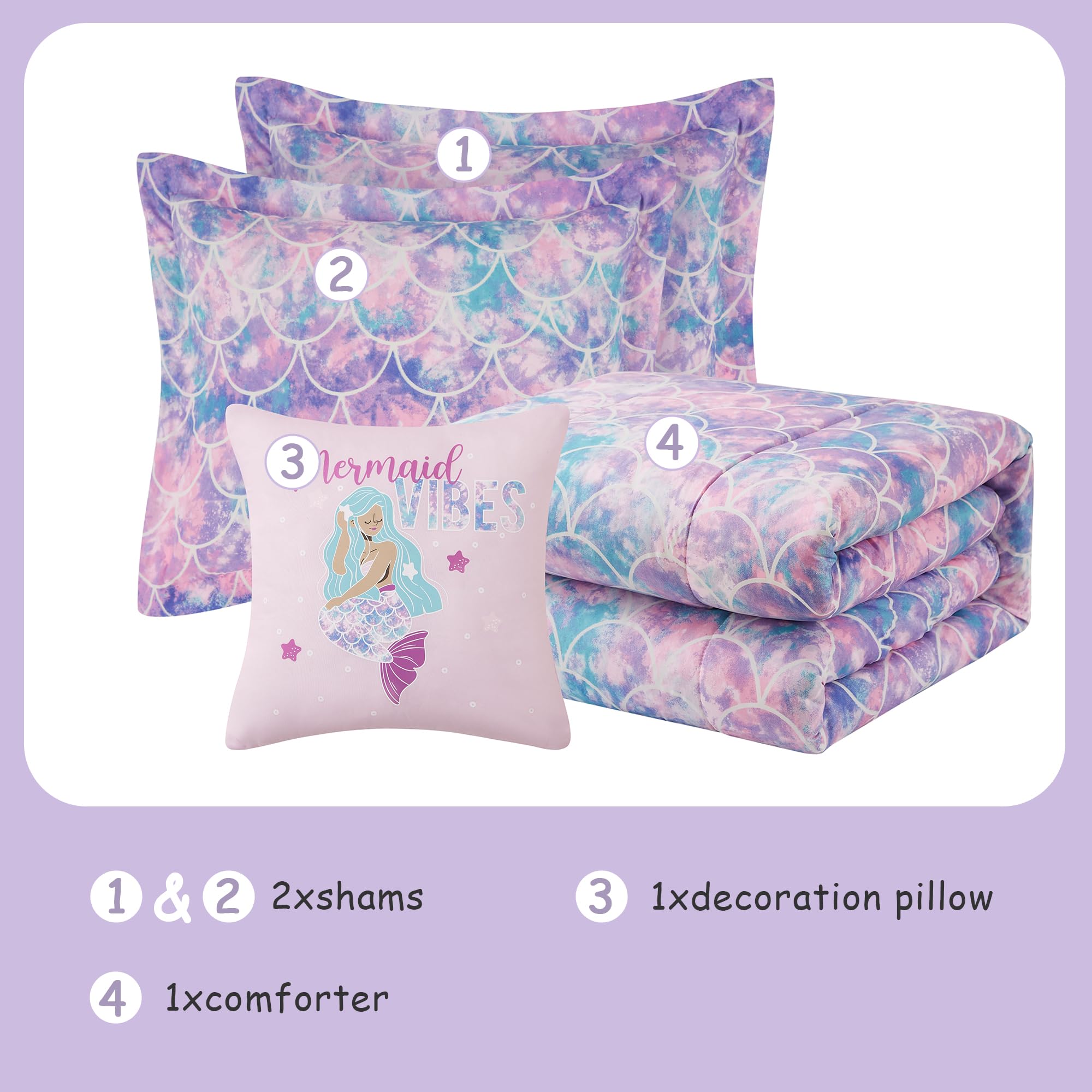 Kaleido Space Kaleidospace Pink Comforter Set Full For Kids, Glow In The Dark Mermaid Bedding Sets With Decor Pillow, 4 Pieces G