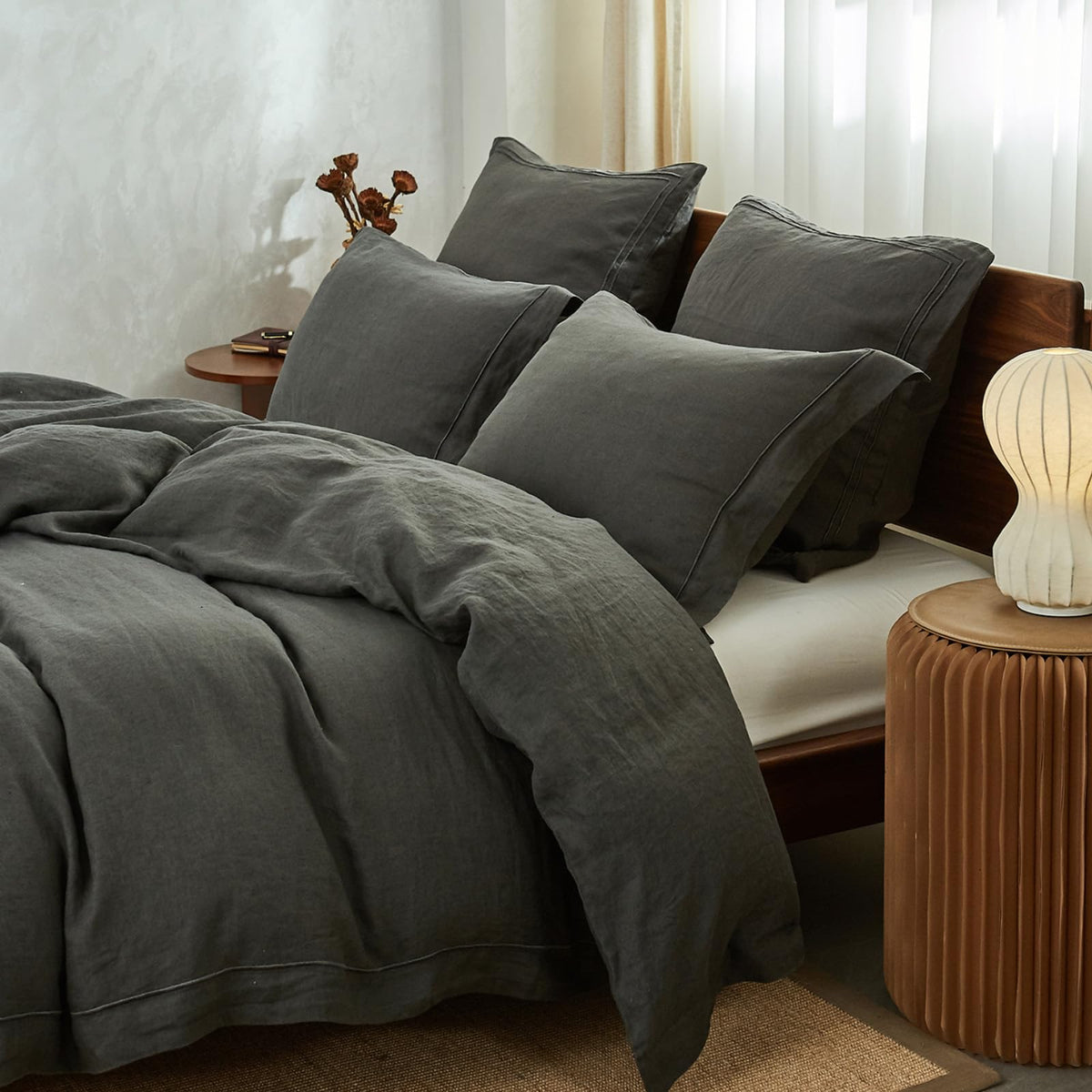 Simple&Opulence 100% Washed Linen Duvet Cover With Embroidered, Queen Size(88'X 92'), 3 Pieces Soft Farmhouse Comforter Set Wi