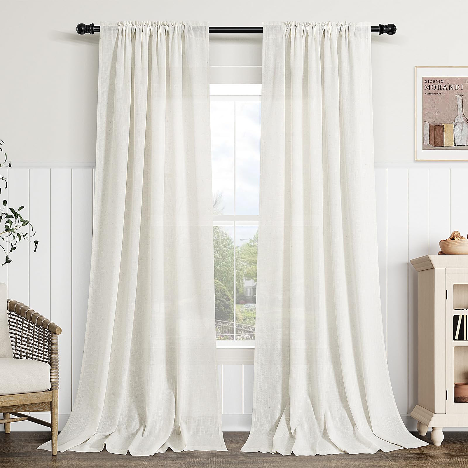 Guken Natural Linen Curtains 108 Inch Length For Living Room Bedroom 2 Panels Set Rod Pocket Light Filtering Semi Sheer Window C