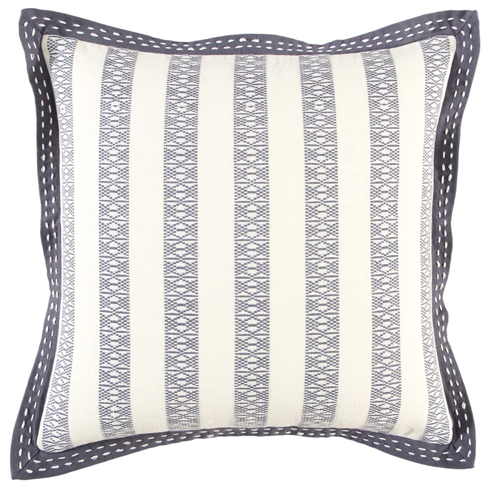 Rizzy Home Stripe 18&quot; x 18&quot; Down Pillow with Textured Cotton Cover-Gray/Ivory