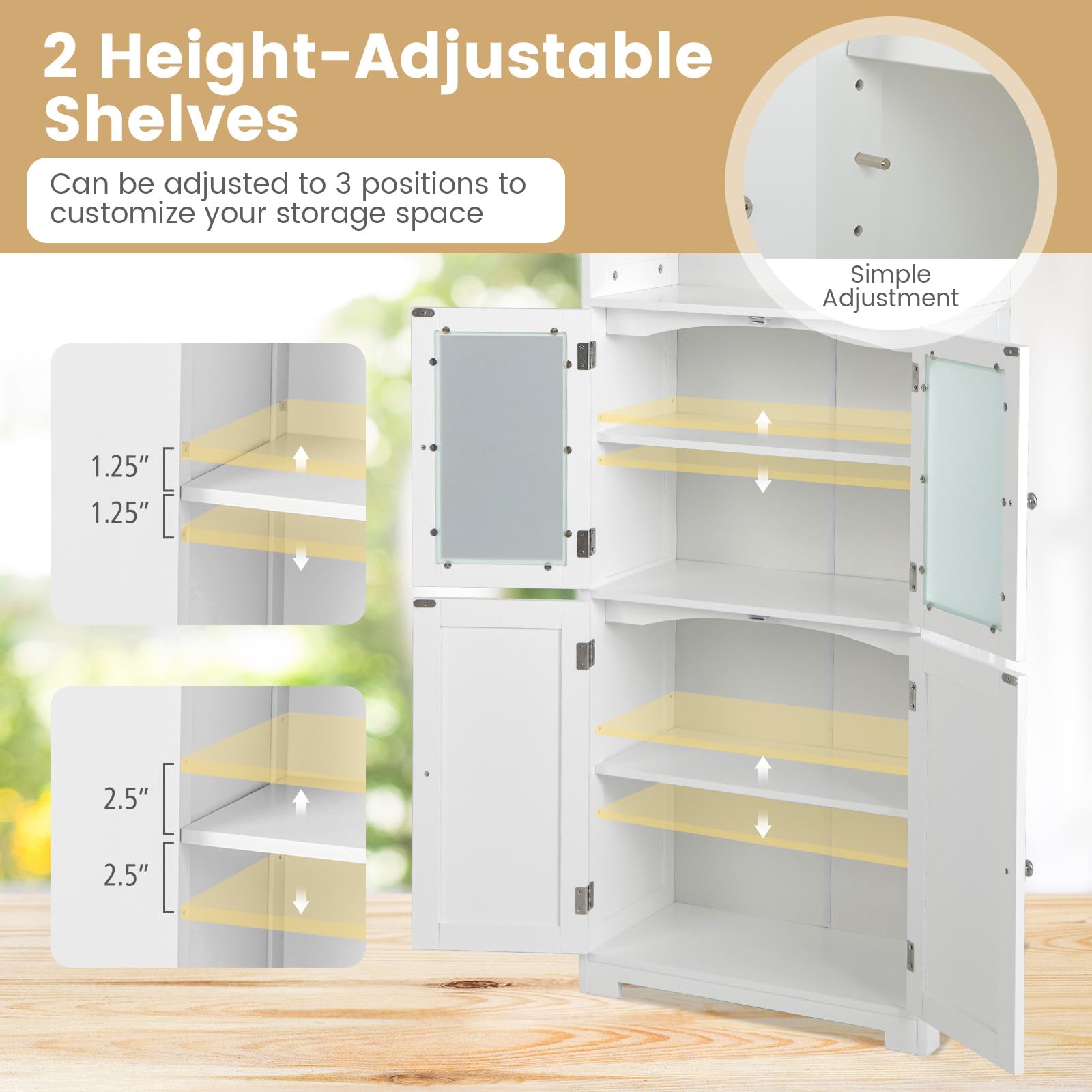 Costway Tall Bathroom Storage Cabinet, Freestanding Kitchen Pantry Cabinet With Glass Doors And Adjustable Shelf, 64” Wooden Linen Floor Cabinet For Bathroom, Living Room, Kitchen (White)