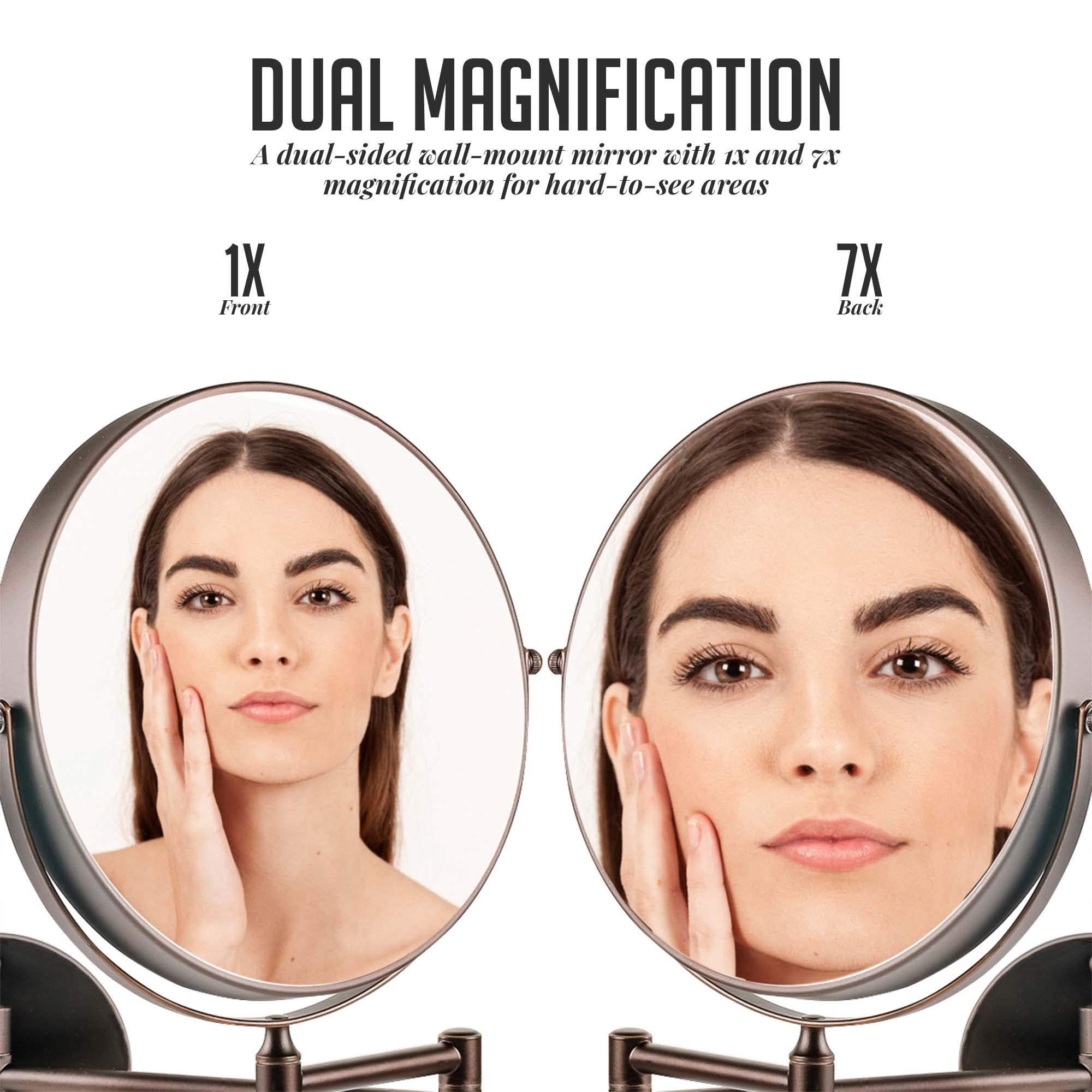 Ovente 9' Wall Mounted Makeup Mirror - 1X/ 7X Magnification, Rotating 360-Degree, Double-Sided, Extendable & Folding Arm, Clear