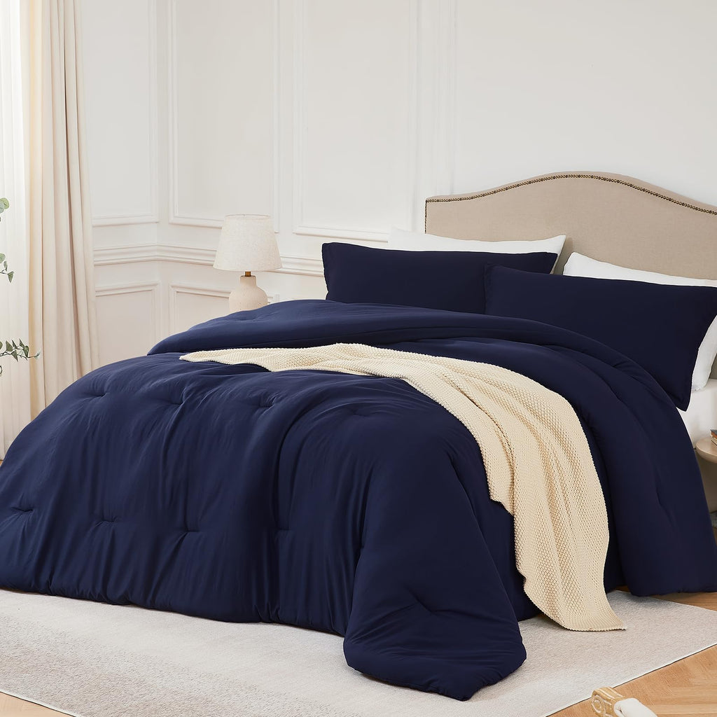 Quataly California King Comforter Set Navyblue,3Pcs Soft Lightweight Breathable Bedding Comforter Sets For All Season, Cal King(
