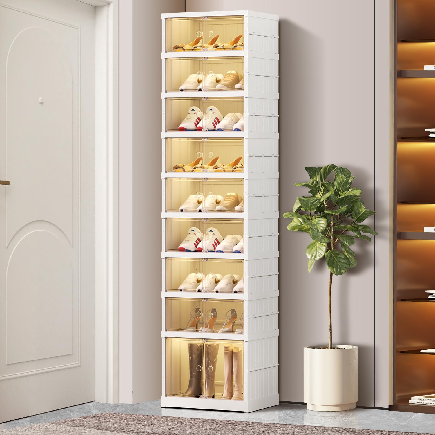 CIMLORD 9-Tier Foldable Shoe Rack Organizer for Closet 18Pairs Plastic Shoe Shelf Collapsible Shoes Storage Box Clear Shoe Boxes
